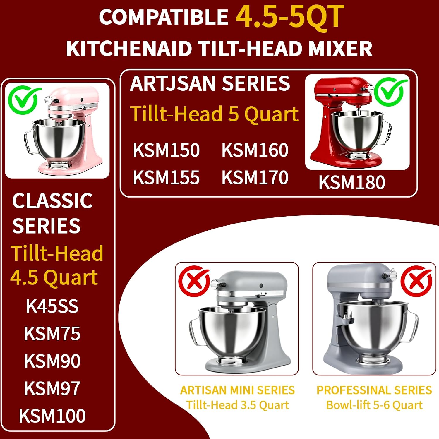 5QT Mixing Bowl for KitchenAid Stand Mixers, Compatible with Kitchen Aid 4.5-5 Qt Tilt-Head Stand Mixer, Food-Grade Stainless Steel Mixing Bowl with Handle & Clasp for Baking, Cooking & Dough Mixing