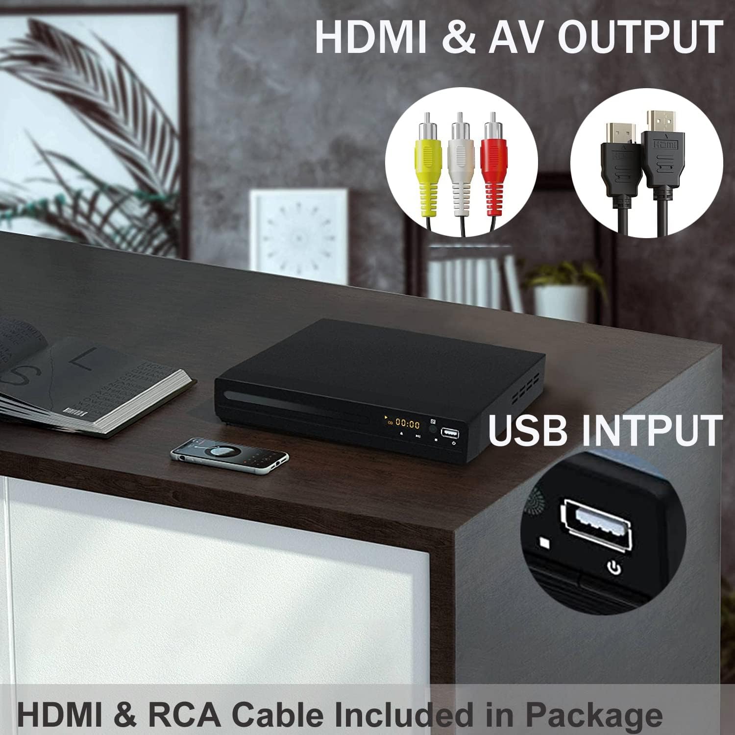 DVD CD Player für Fernseher, Up-Convert to HD 1080p, All Region, Breakpoint Memory, Eingebautes PAL/NTSC, USB 2.0