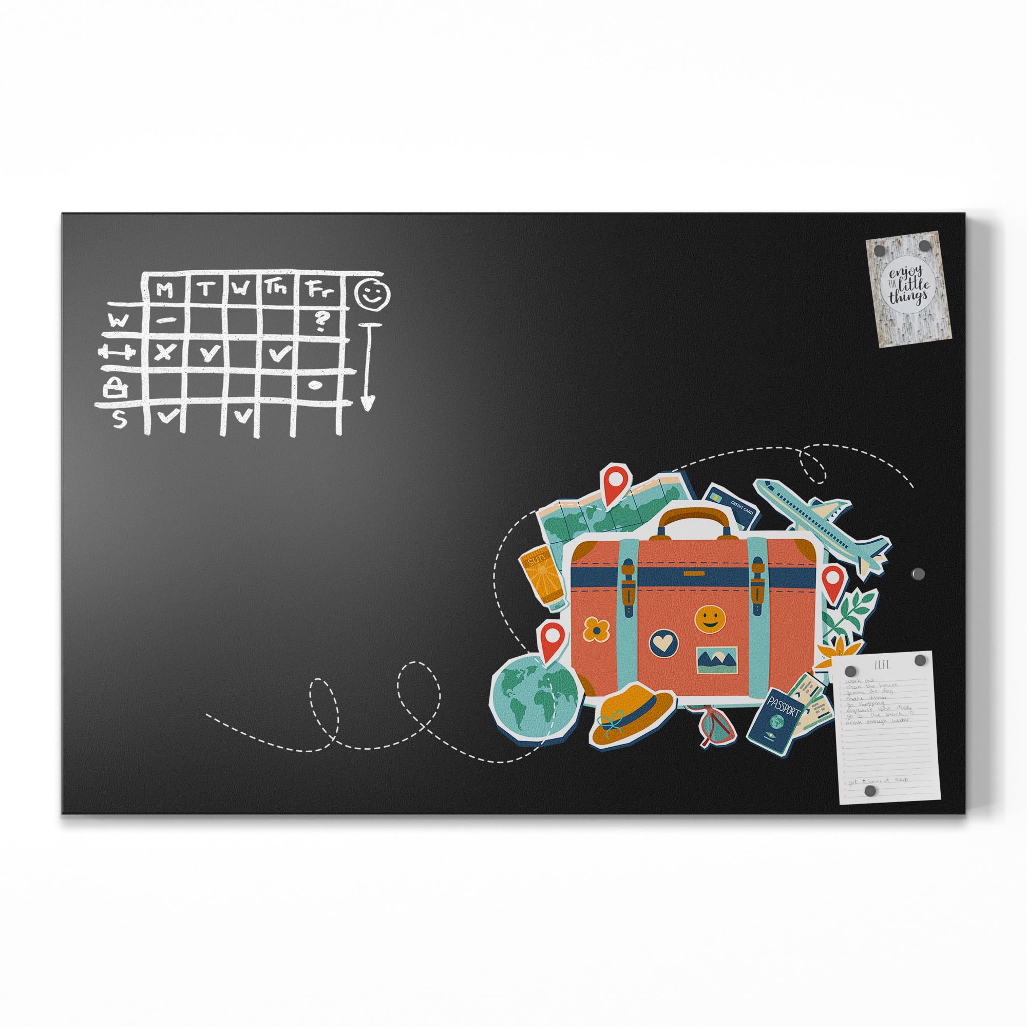 DEQORI Magnetische Kreidetafel mit UV-Druck | Motiv Fernweh & Abenteuer | Design rechteckig 90x60 cm | Kreide Metalltafel beschreibbar – Wanddeko für Küche, Flur, Kinderzimmer & Büro