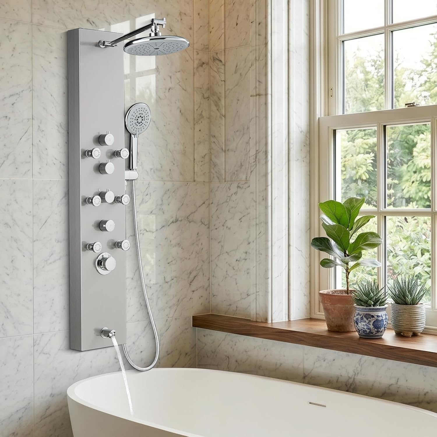 Shower Panel System - Use 4 Functions Simultaneously: Rainfall Shower, Body Jets, Handheld and Tub Spout, Shower Tower Column with Adjustable Head, 304 Stainless Steel Brushed