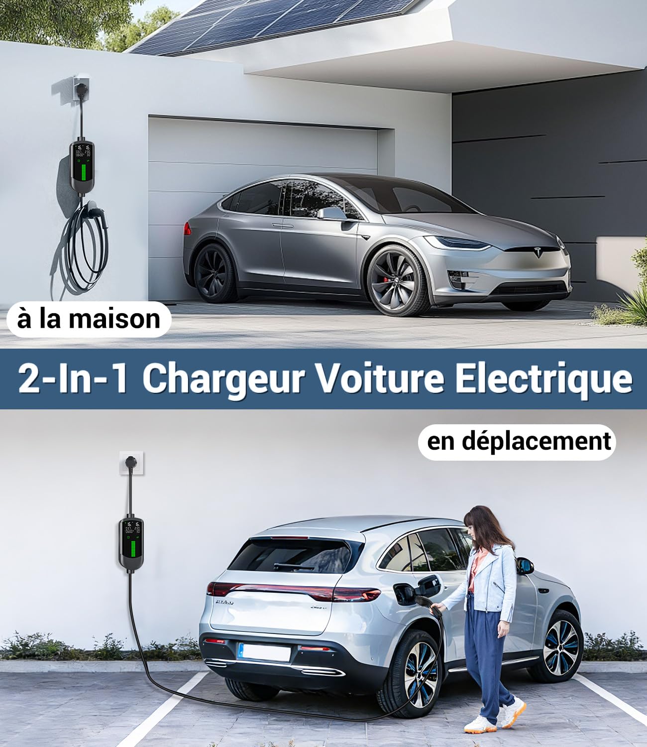 Chargeur Voiture Electrique 3,7kW - 7M/6-16A Cable Recharge Voiture Electrique avec Support Mural Sac, Chargeur Retardé, Numérique LCD, IP65, Compatible avec EVs(IEC 62196-2) & PHEVS