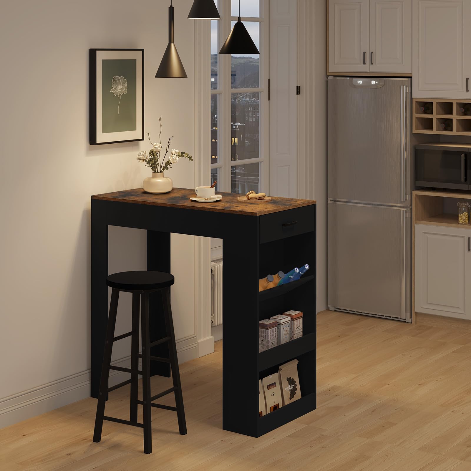 WOLTU Tavolo da Bar, Bancone da Bar con 1 Cassetto e 3 Ripiani, Tavolo Penisola per Cucina, Pub, Bistrot, Legno Ingegnerizzato (Senza assi di legno, Rustico + Nero, 100 x 50 x100 cm)