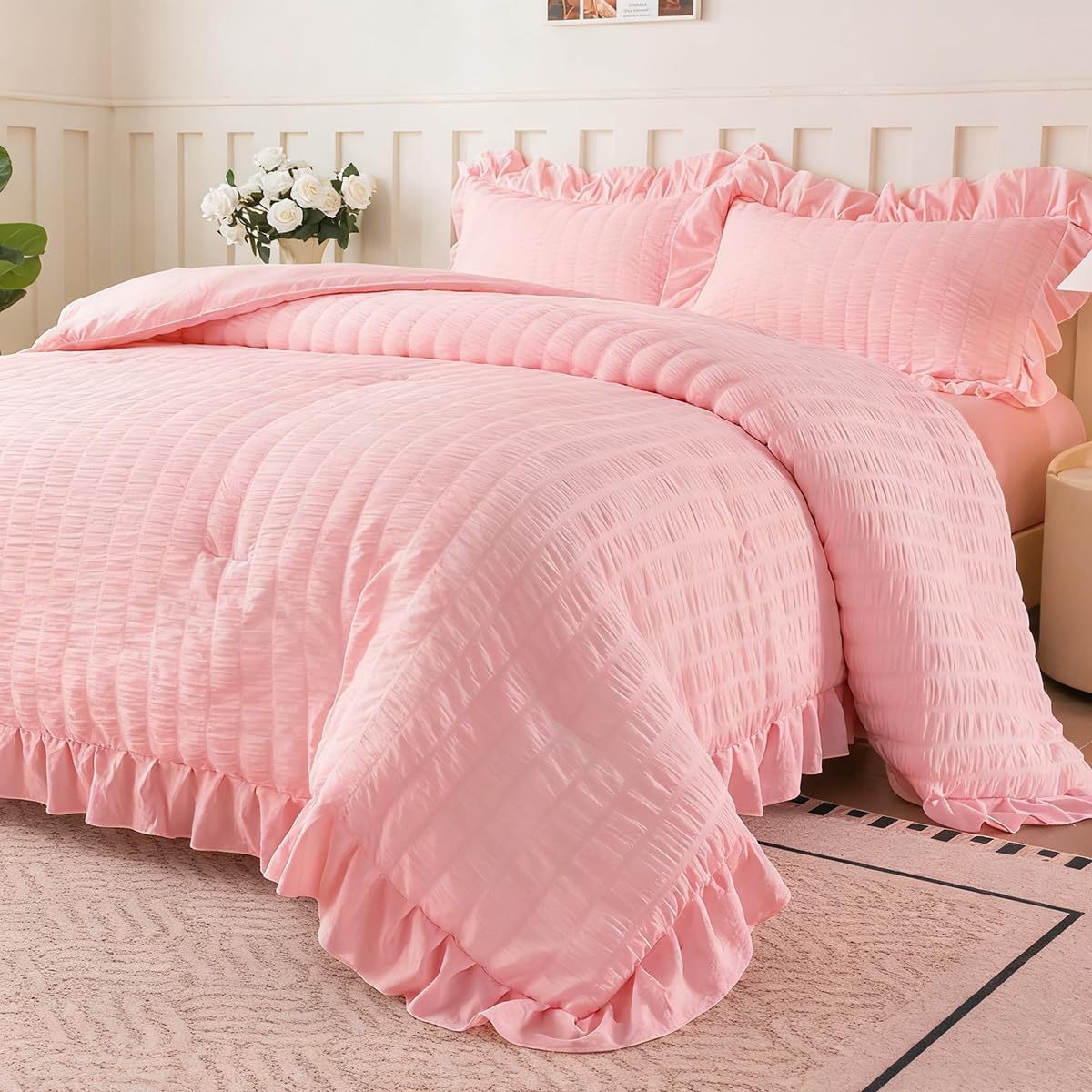 NTBED Pink Twin Comforter Set for Girls Kids, Soft Chic Seersucker Ruffled Bedding Sets,5 Pieces Princess Bed in a Bag