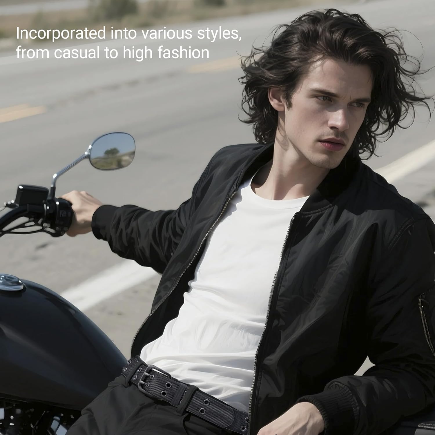 Men's Double Prong Belt 39'' to 71'' Big and Tall Men Nylon Black Grommet Belts - Image 2