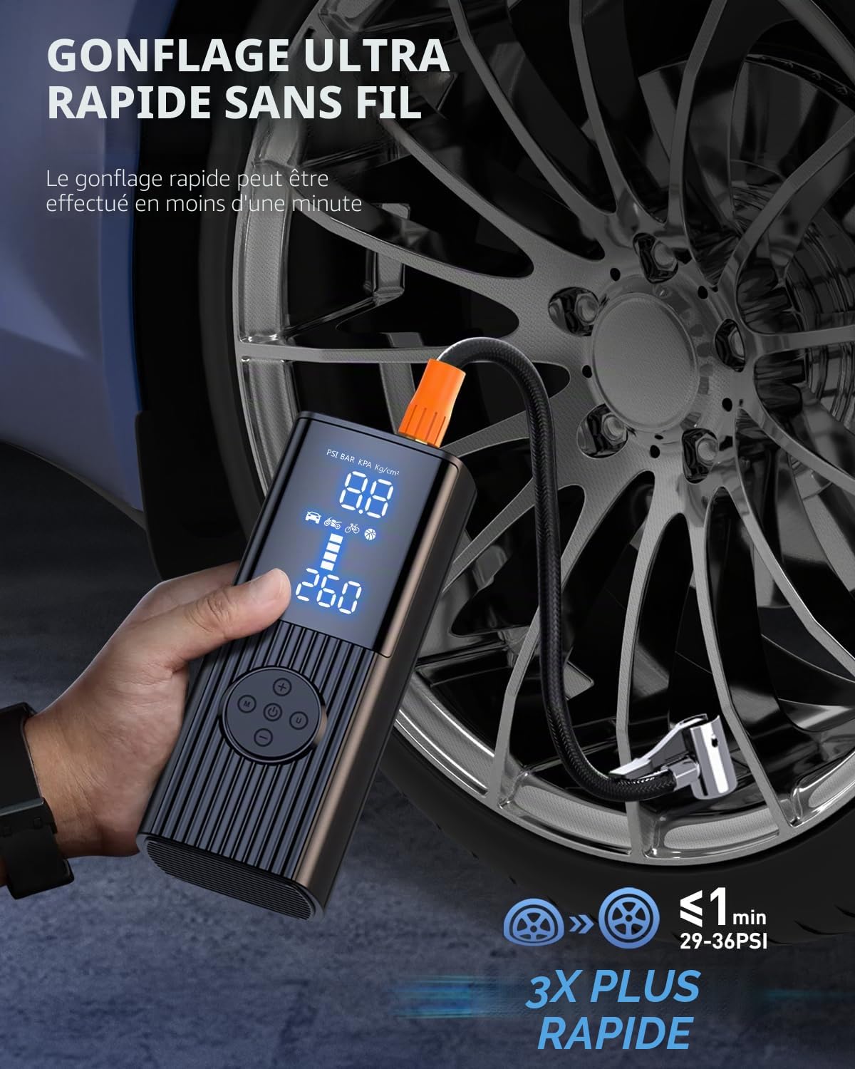 Compresseur d'air portable de 180 PSI avec batterie de 25 000 mAh, 3 x gonflage rapide sans fil pour voiture, moto, vélo, ballon