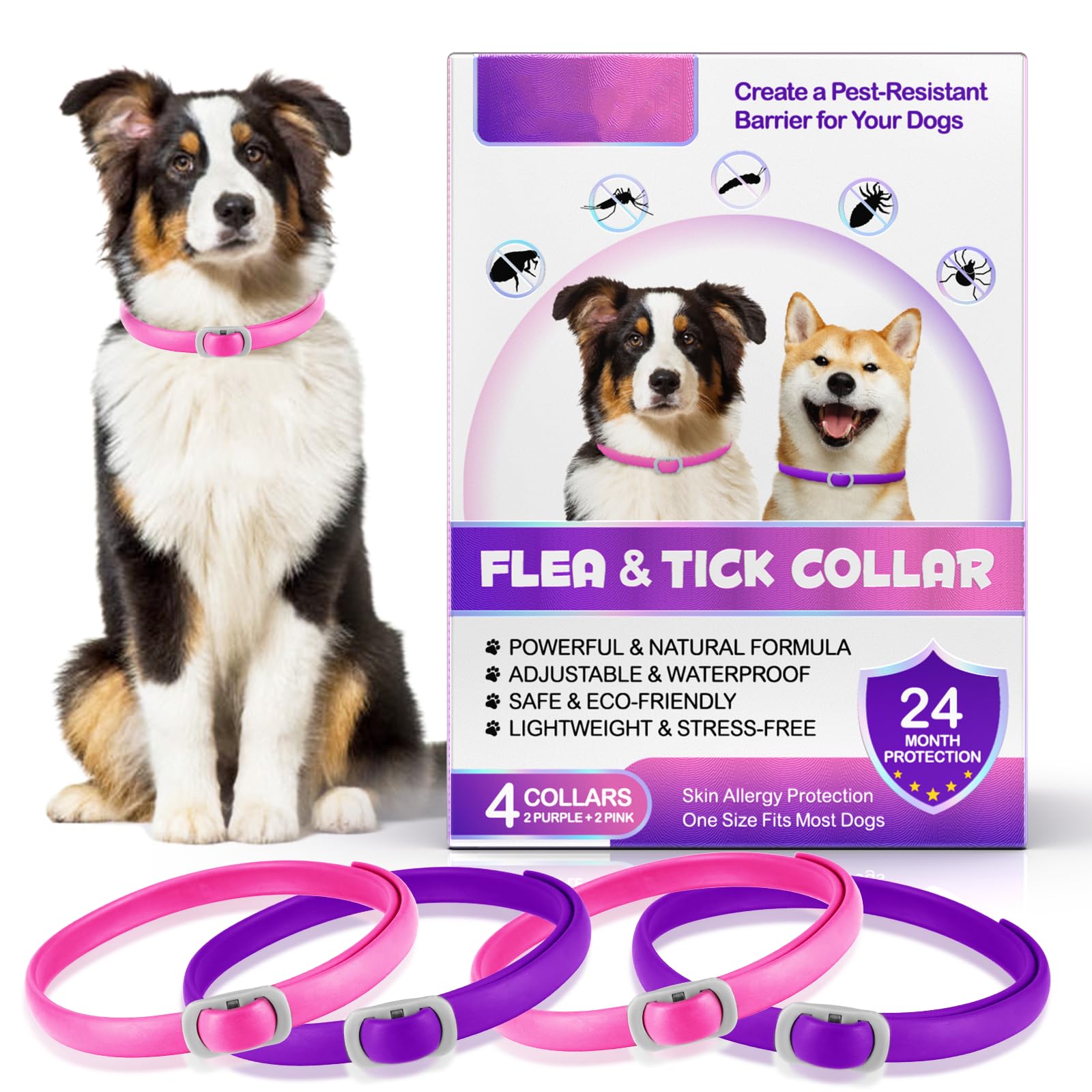 Collar Antiparasitario Perros, 4 Pcs Dog Collar for Ticks and Flea, Impermeable & Ajustable, 24 Meses de Protección Efectiva - para Perros Pequeños, Medianos y Grandes