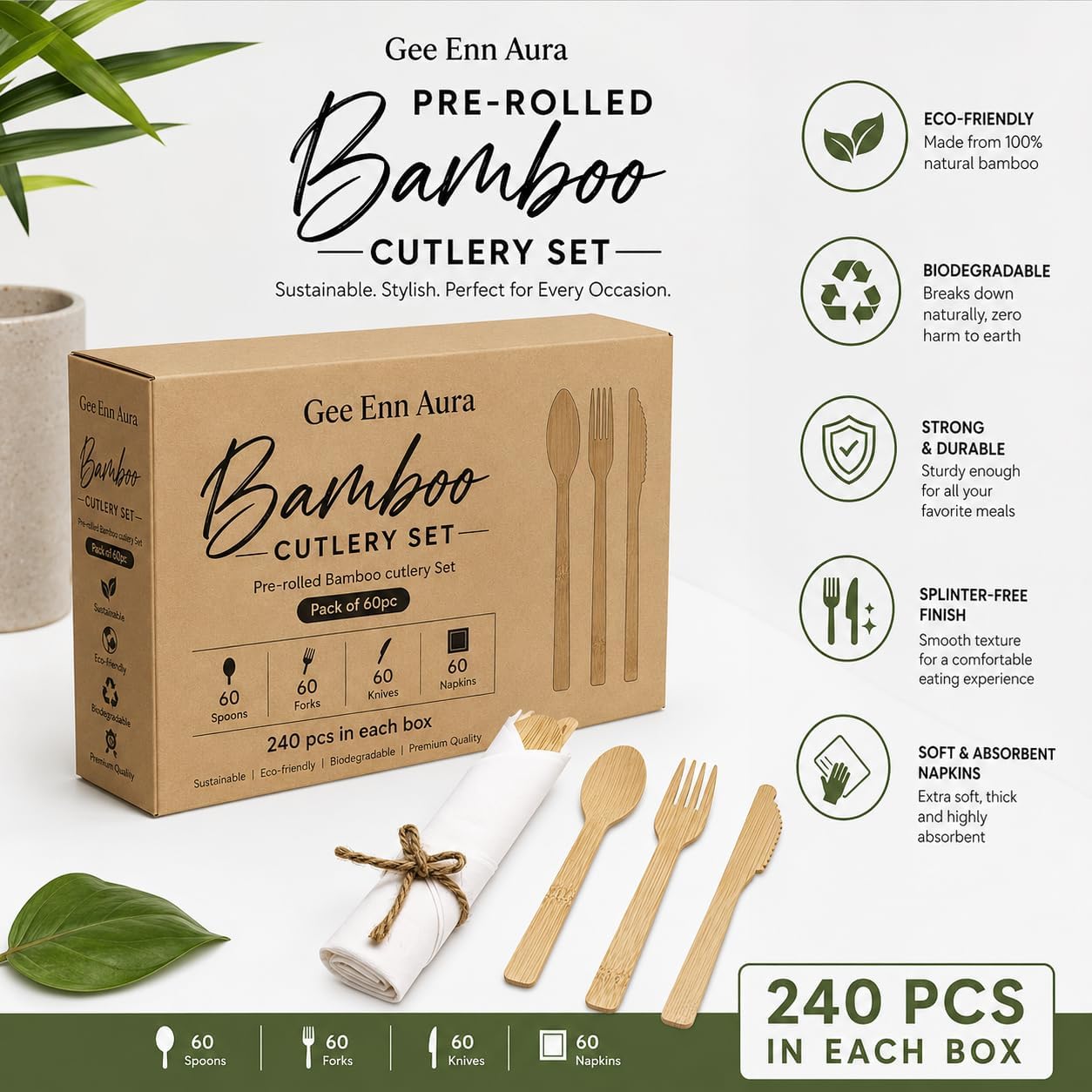 Wooden Cutlery Set, Pre Rolled Silverware Set Disposable with Napkin – Wrapped Disposable Utensils Set | Compostable & Biodegradable | Forks Spoons Knives Set for Party, Wedding, Picnic Supplies