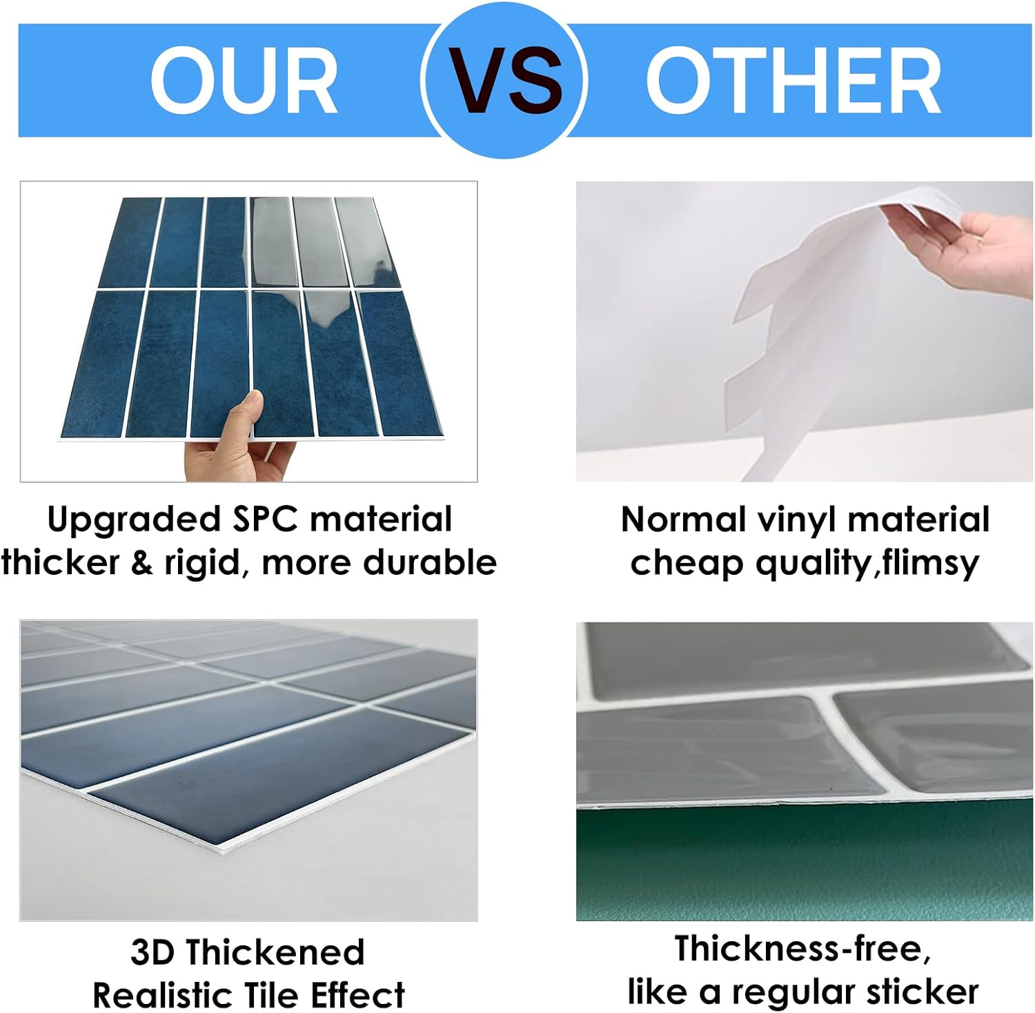 Peel and Stick Tile，New Upgrade Thicker Design Self Adhesive 12" x 12" Large Premium Peel and Stick Backsplash for Kitchen (Dark Blue).