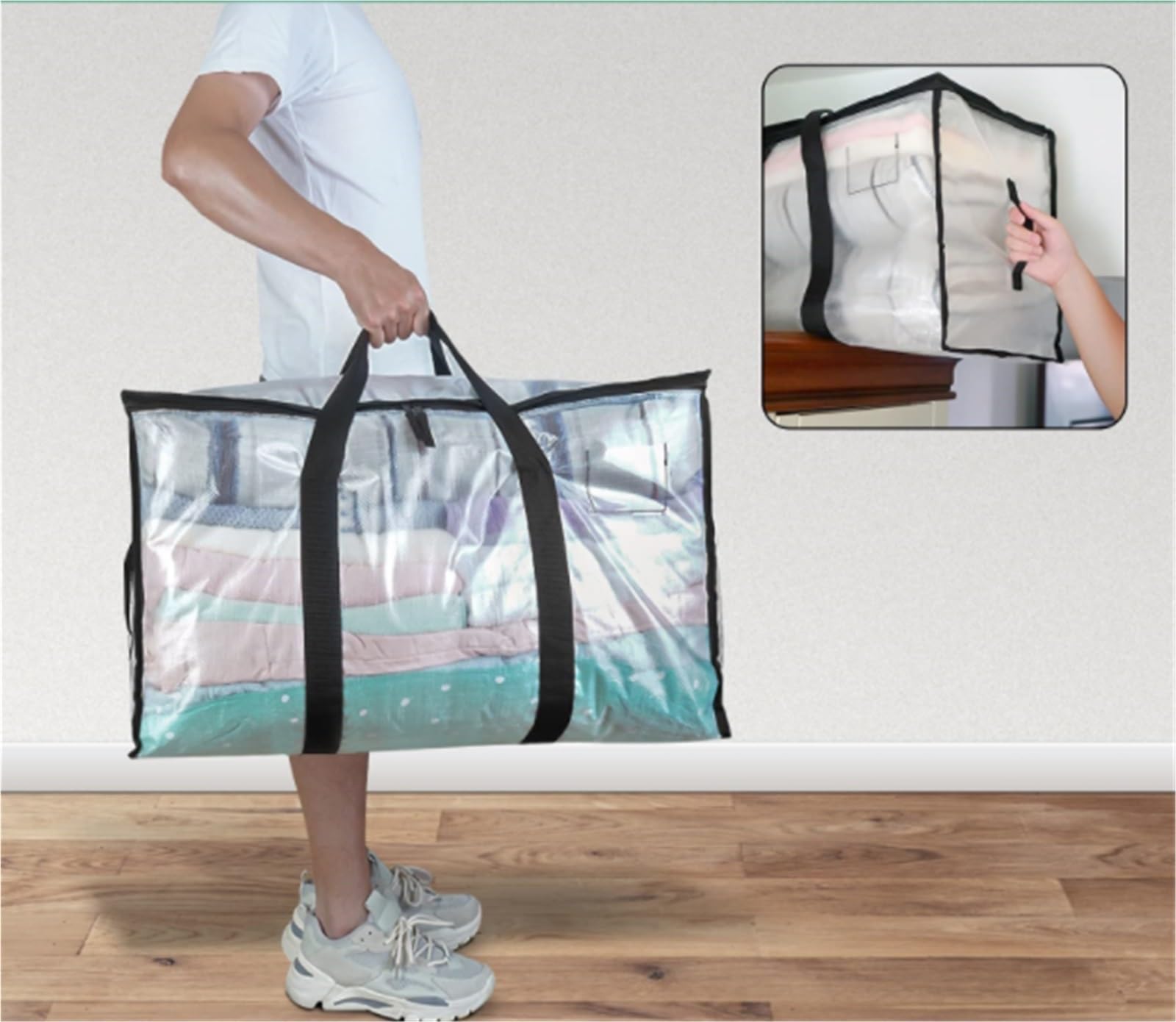 Bolsas Almacenaje Ropa Bolsa De Almacenamiento Transparente con Cremallera Y Asa, Bolsa De Mano For Ropa, Mantas, Almacenamiento De Edredones Organizador Armario para Edredones(69 * 27 * 45cm)