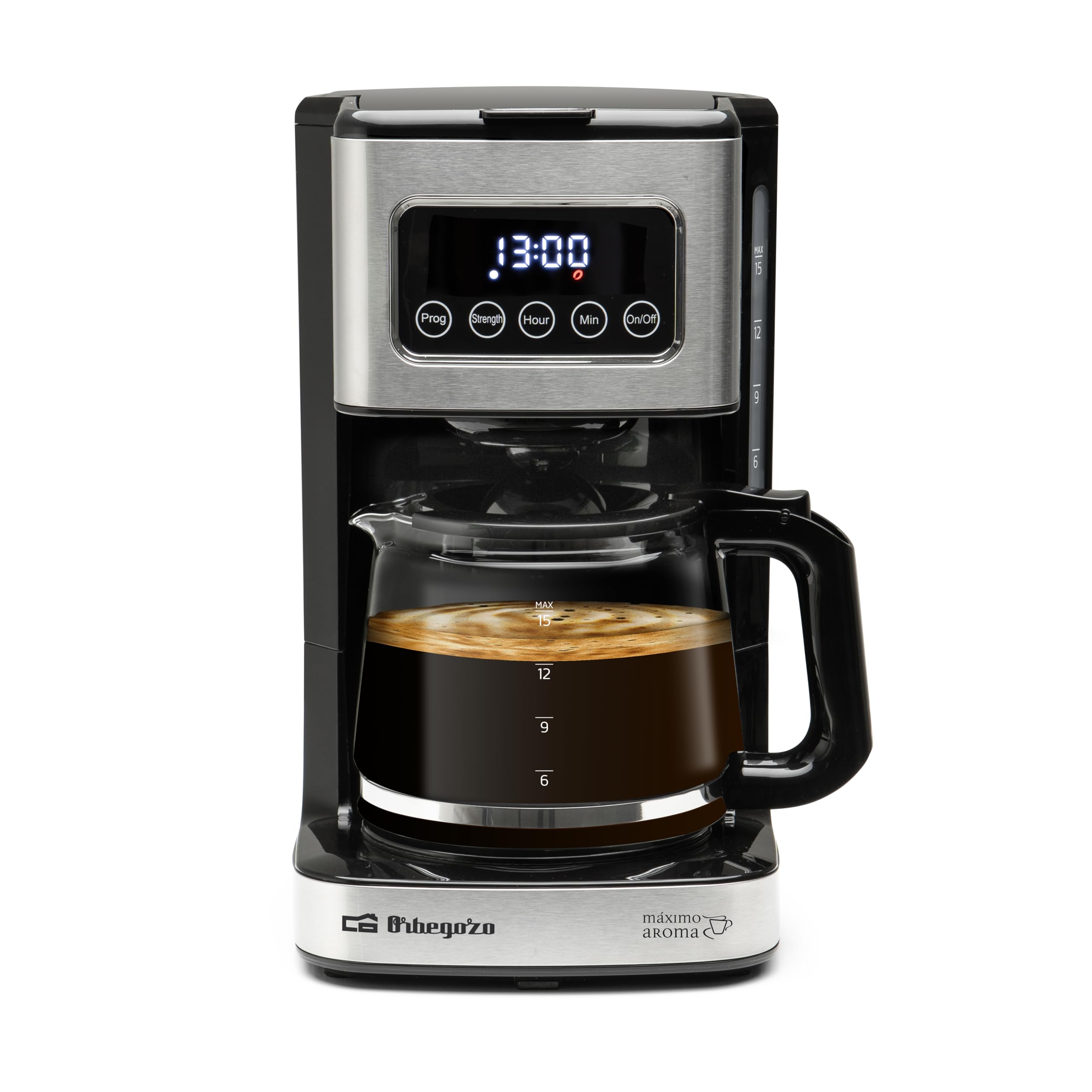 Orbegozo CG 6015 Cafetera de goteo programable 15 tazas, 900W, café listo a la hora deseada, panel táctil, jarra de cristal 1.5L, filtro permanente y apagado automático