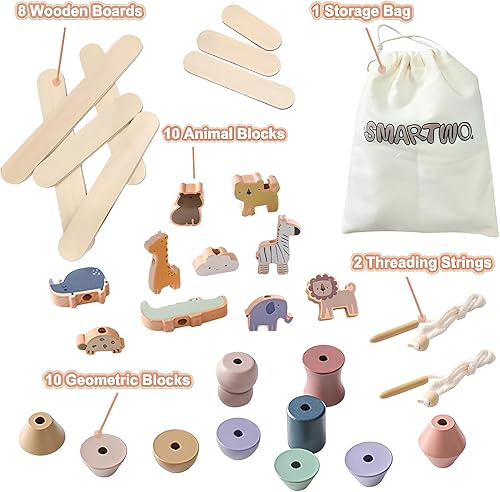 Miniatura 5 de Smartwo Juguetes de madera para roscar, cuentas para niños pequeños de 3, 4 y 5 años, bloques apilables, juguete de equilibrio educativo preescolar,