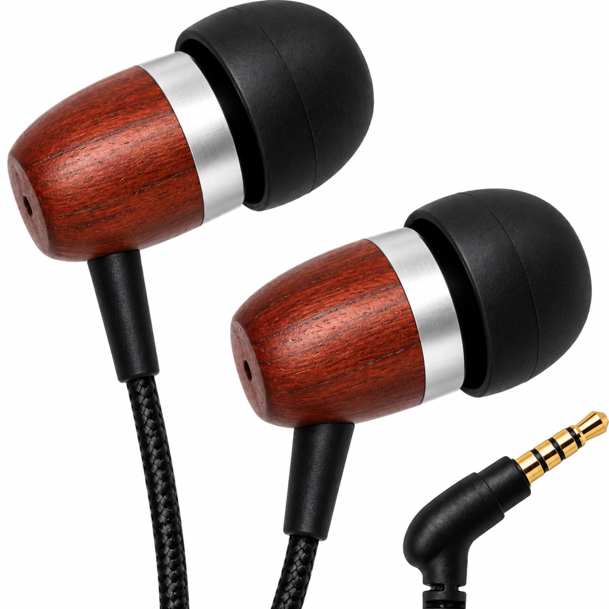 Symphonized Wooden Aux 3.5mm Jack Wired Earbuds for Laptop, Computer, Phone | Inline Microphone, Genuine Wood, Deep Bass, S/M/L Ear Bud Tips, Tangle Free Braided Cord, Carry Pouch, 3.5 mm Headphones Wire