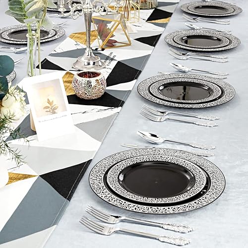 Miniatura 7 de WELLIFE Vajilla de plástico negro de 125 piezas, juego de cubiertos desechables de plástico, incluye 25 platos llanos, 25 platos de postre, 25