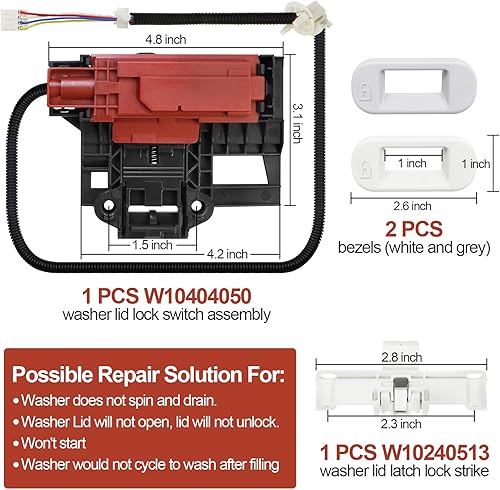 Miniatura 2 de W10404050 W10238287 - Cerradura de puerta de lavadora con cerradura de puerta W10240513 con interruptor de bloqueo de tapa de lavadora Whirlpool