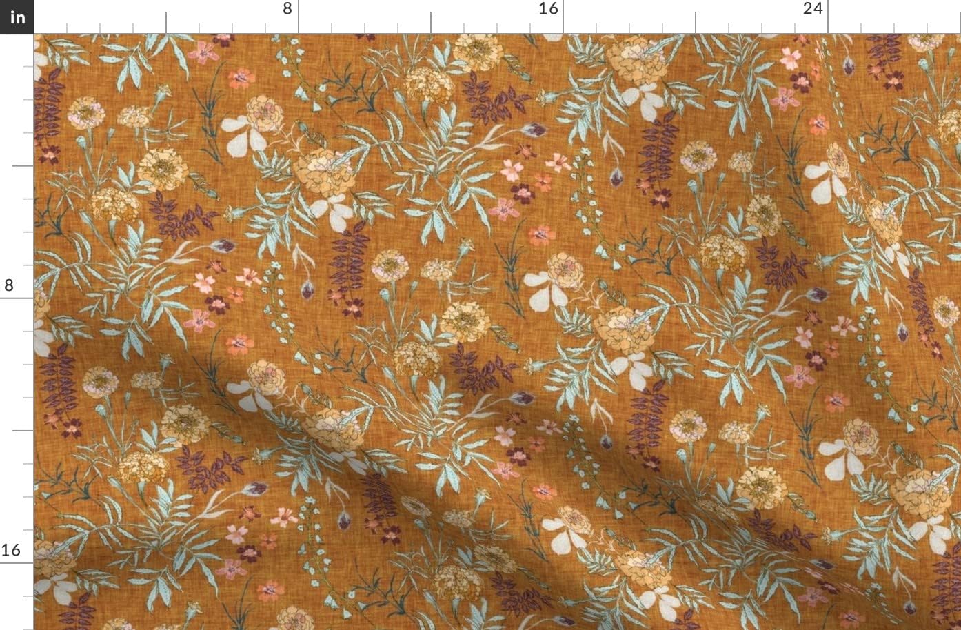 Spoonflower Fabric - Flower Yellow Gold Fall Autumn Floral Leaves Boho Mustard White Green Printed on Organic Cotton Sateen Fabric by The Yard - Sewing Quilting Apparel Home Decor