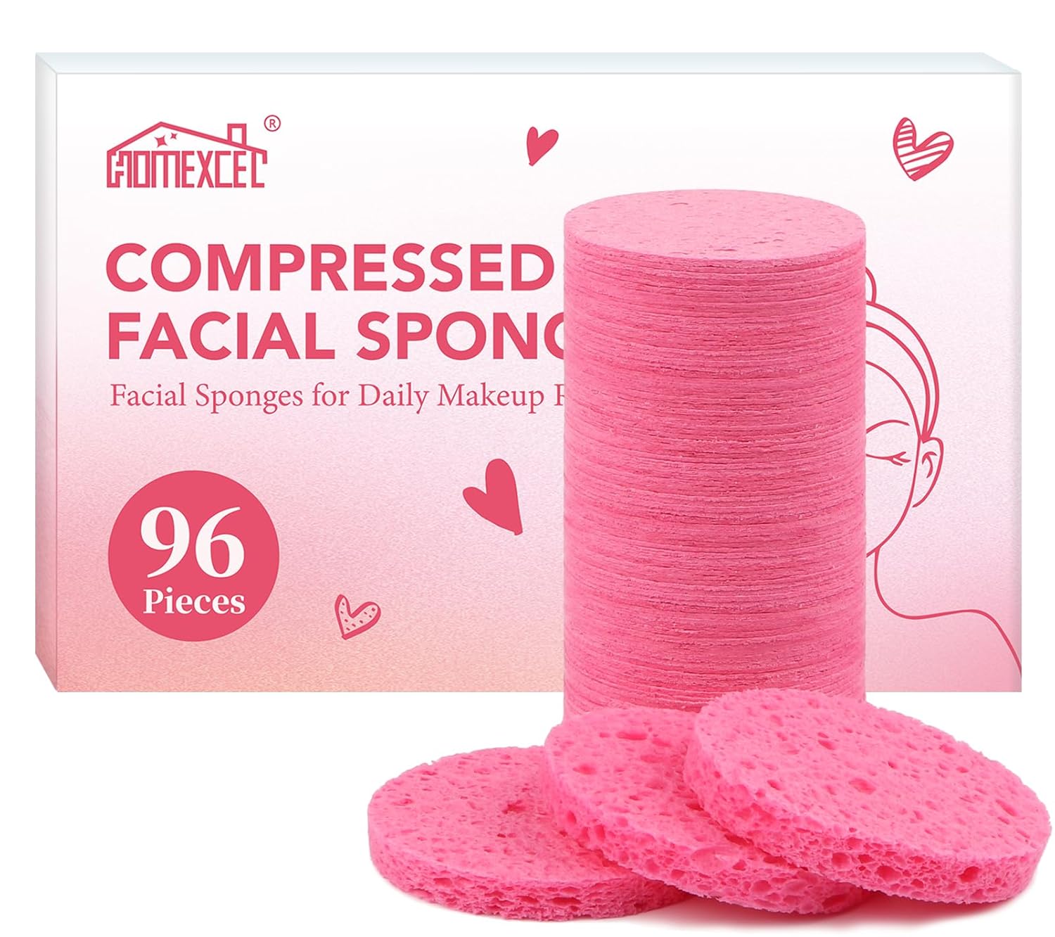 HOMEXCEL 96-Counts Compressed Facial Sponges, 100% Natural Cellulose Spa Sponges for Daily Facial Cleansing and Exfoliating, Reusable Makeup Remover Pads, Ideal for Home Travel, Pink HOMEXCEL 96-Counts Compressed Facial Sponges, 100% Natural Cellulose Spa Sponges for Daily Facial Cleansing and Exfoliating, Reusable Makeup Remover Pads, Ideal for Home Travel, Pink