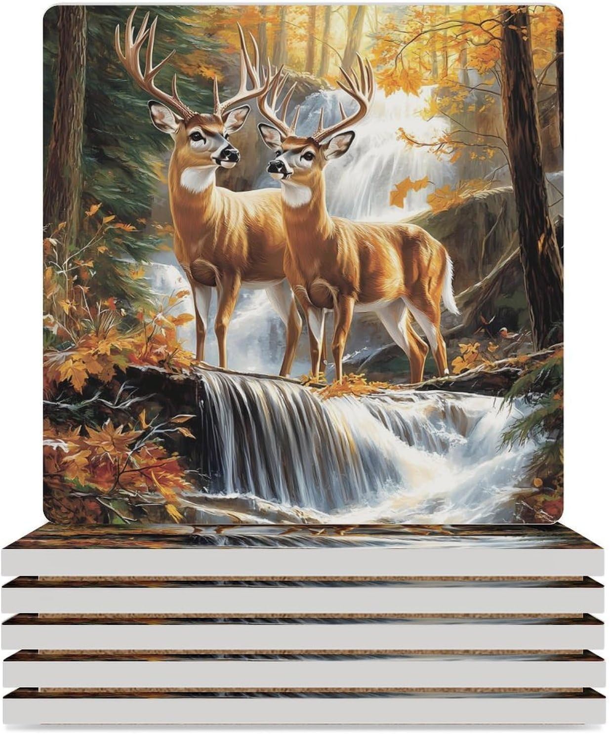 Deer Wild Animal Forests Ceramic Coasters Set Square Drink Coasters Table Coaster for Kitchen Desktop Decor