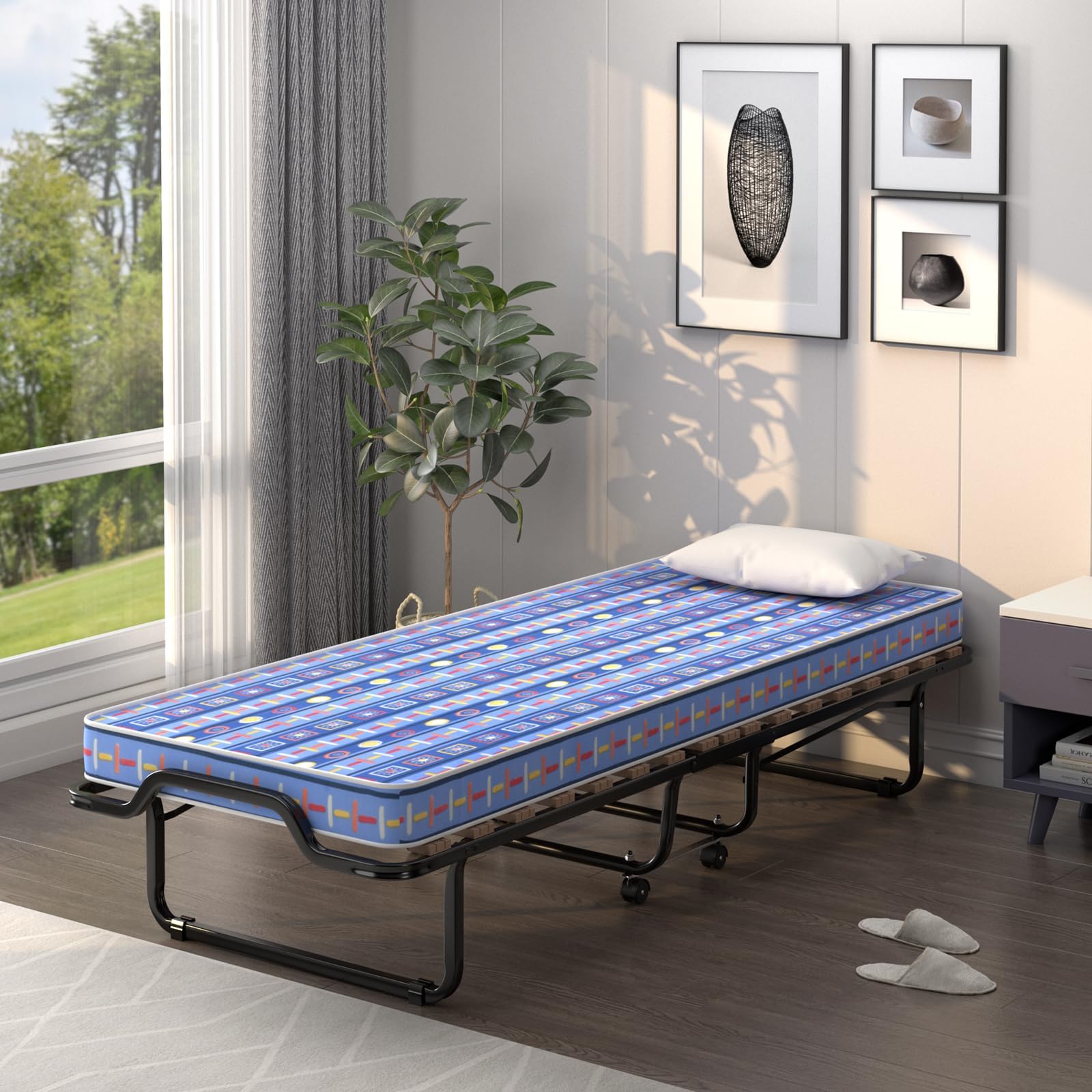 GYMAX Brandina Pieghevole con Materasso 10 cm, 200 x 80 x 40cm, Carico 130 kg, Materasso Memory, a 15 Doghe, Made in Italy (BLU)