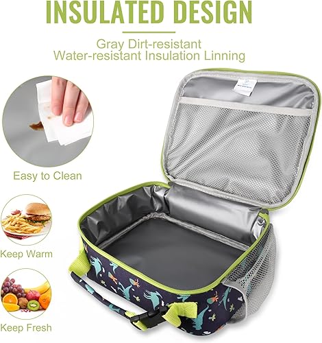 Miniatura 7 de Genteen Bolsa de almuerzo aislada, bolsa de almuerzo con estampado para niños, doble cremallera y bolsillo lateral, bolsa suave resistente y hielera