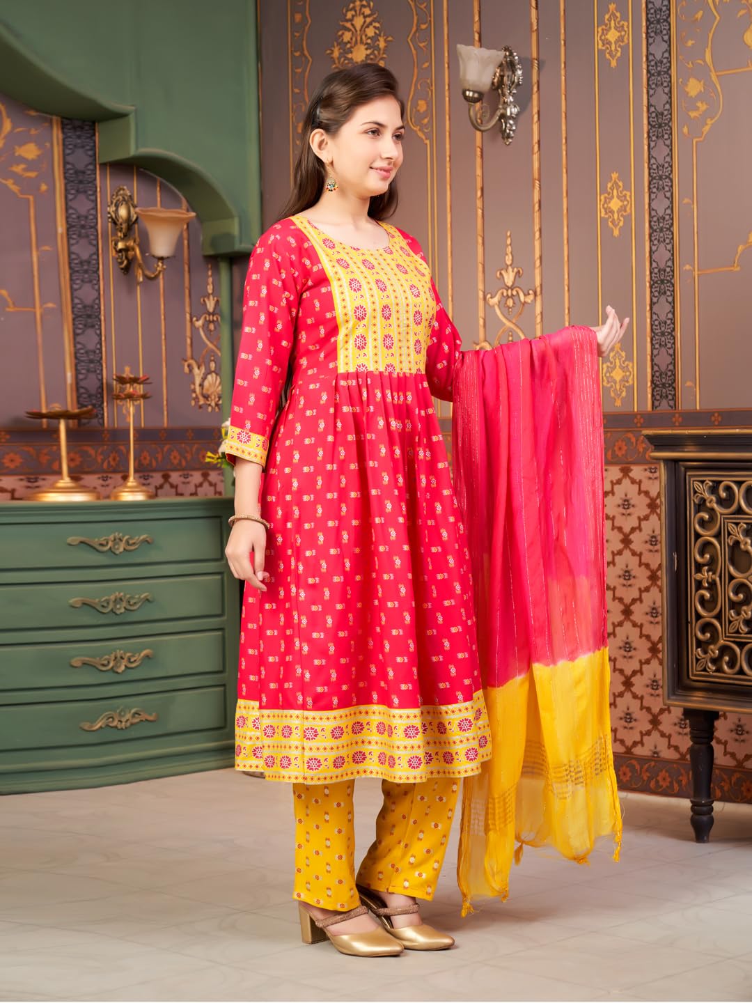 Aarika Girls Ethnic Wear Rani-Yellow Colour Foil Print Rayon Kurti-8-15 Years (Kurti-Ap-803)