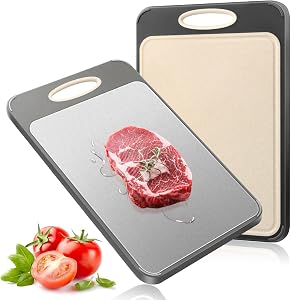 Cutting Board for Kitchen, Stainless Steel Cutting Board Double Sided for Chopping Meat/Vegetables, Stainless Steel/Wheat Straw PP, Kitchen Gifts Easy to Clean Large 16”×11”