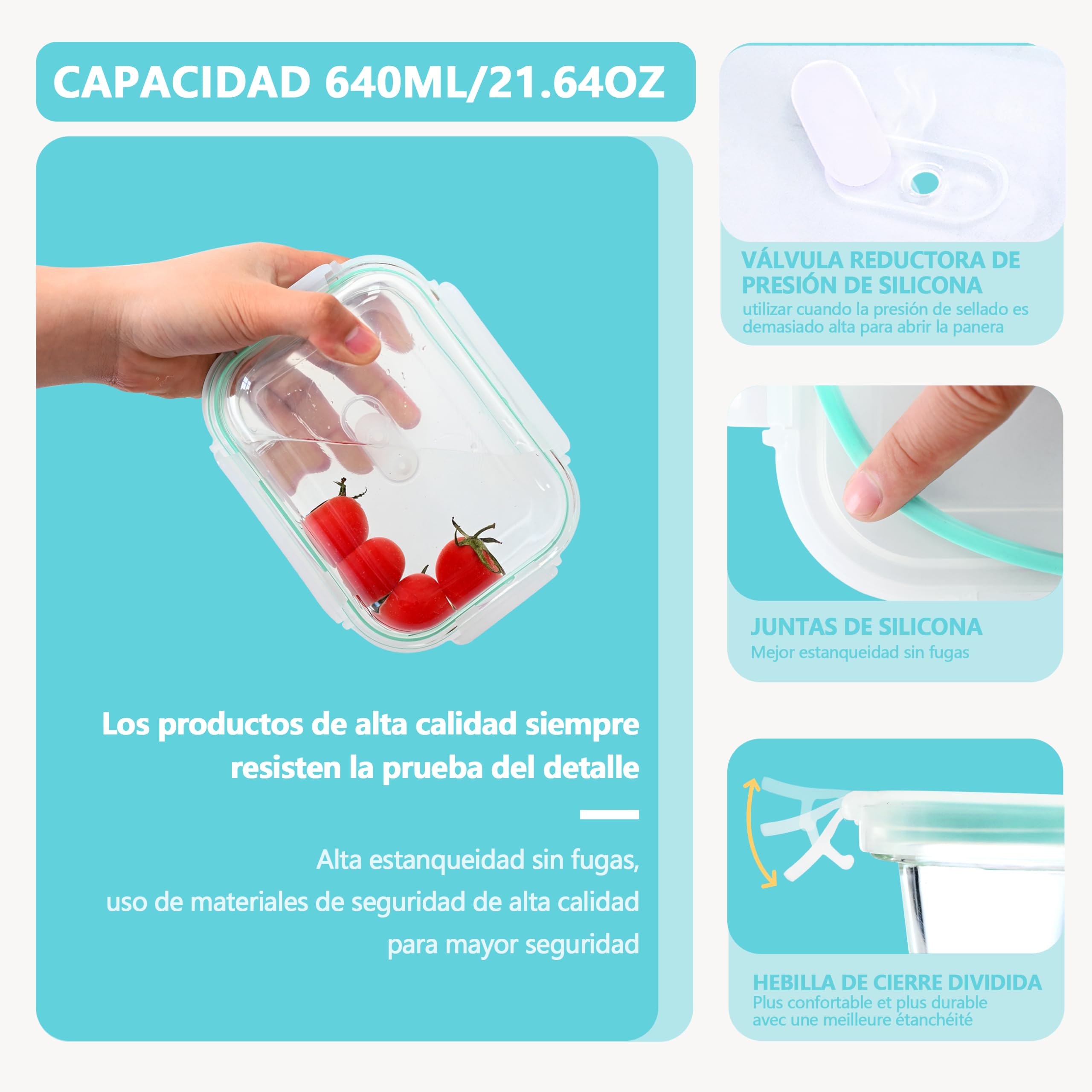 Lot Boîtes Verre Hermétiques Cuisine - 2x 640 Ml + Couvercles 4 Côtés + Valve + Éponge, Sans BPA, Lave-Vaisselle