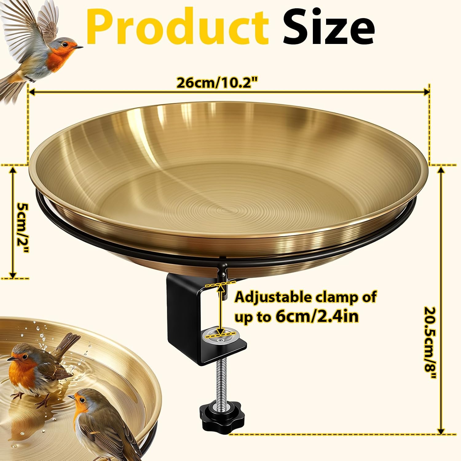 Deck Mounted Bird Bath 10.2" Metal Detachable Bowl, Frost Proof for Railing