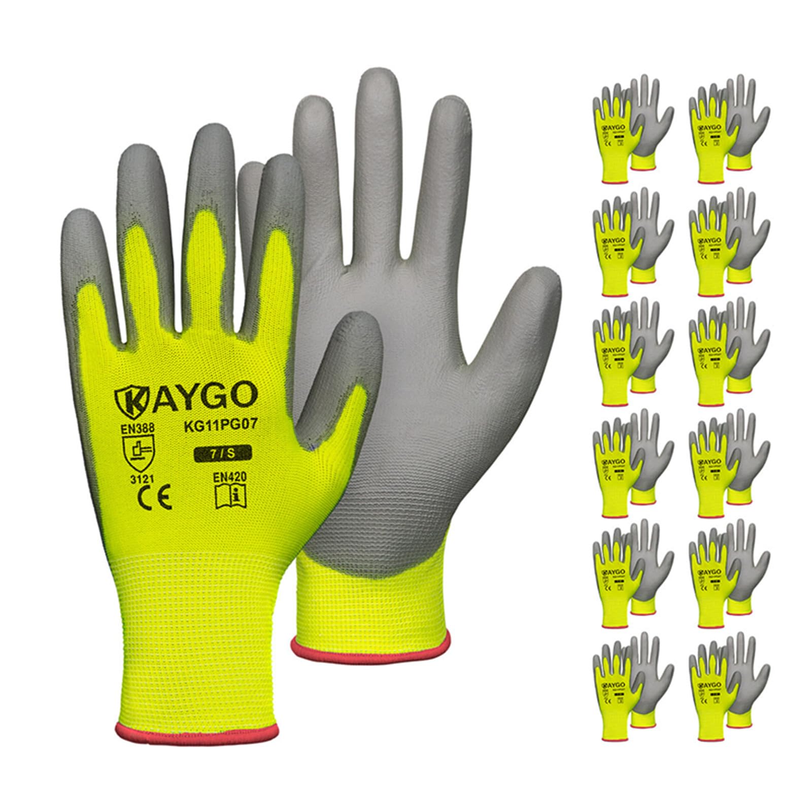 KAYGO Safety Work Gloves PU Coated-12 Pairs, KG11PB, Seamless Knit Glove with Polyurethane Coated Smooth Grip on Palm&Fingers, for Men and Women,