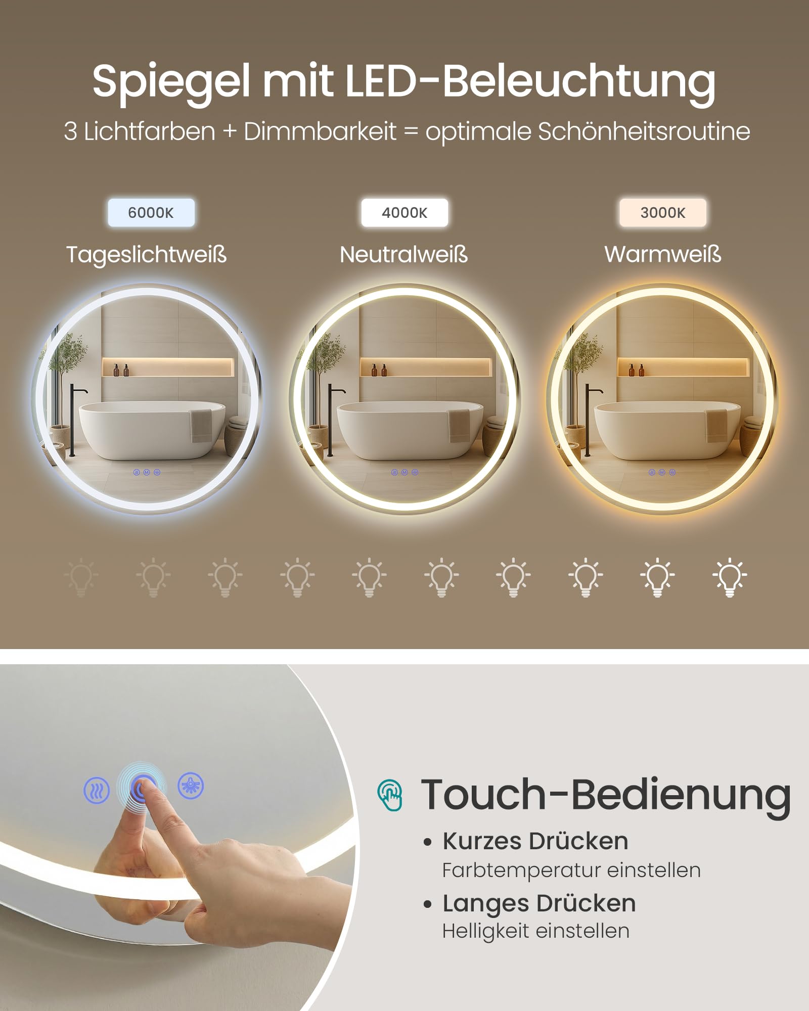 SONGMICS Badspiegel mit Beleuchtung, Spiegel rund, Wandspiegel, Badezimmerspiegel Antibeschlag-Funktion, Farbtemperatur und Helligkeit einstellbar, Bad Schlafzimmer, 61 cm, wolkenweiß LWM211WC02