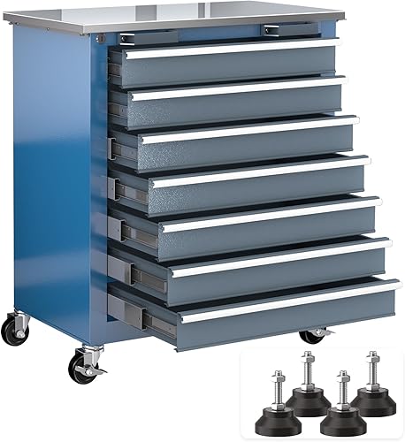 LARBANKE  Cofre de herramientas de 7 cajones con encimera de acero inoxidable, sistema de bloqueo seguro, gabinete con ruedas de 360 y pies