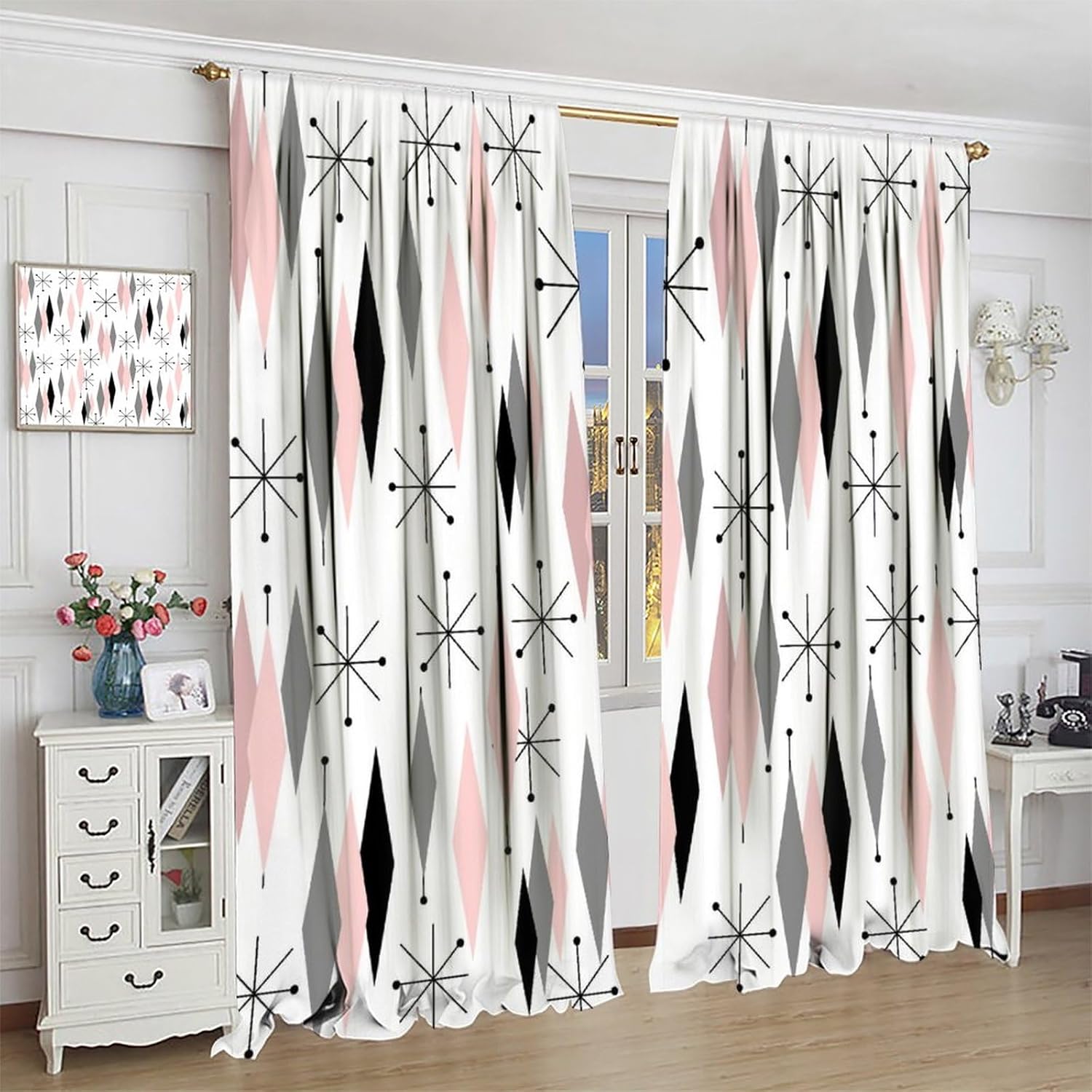 Vintage Funny Black Pink Window Curtain Stripe Modern Abstract Geometric Fabric Decor Noise Reducing Drapes for Cafe Bedroom Dining Room Living Room Kitchen 2 Panels 42x45 in