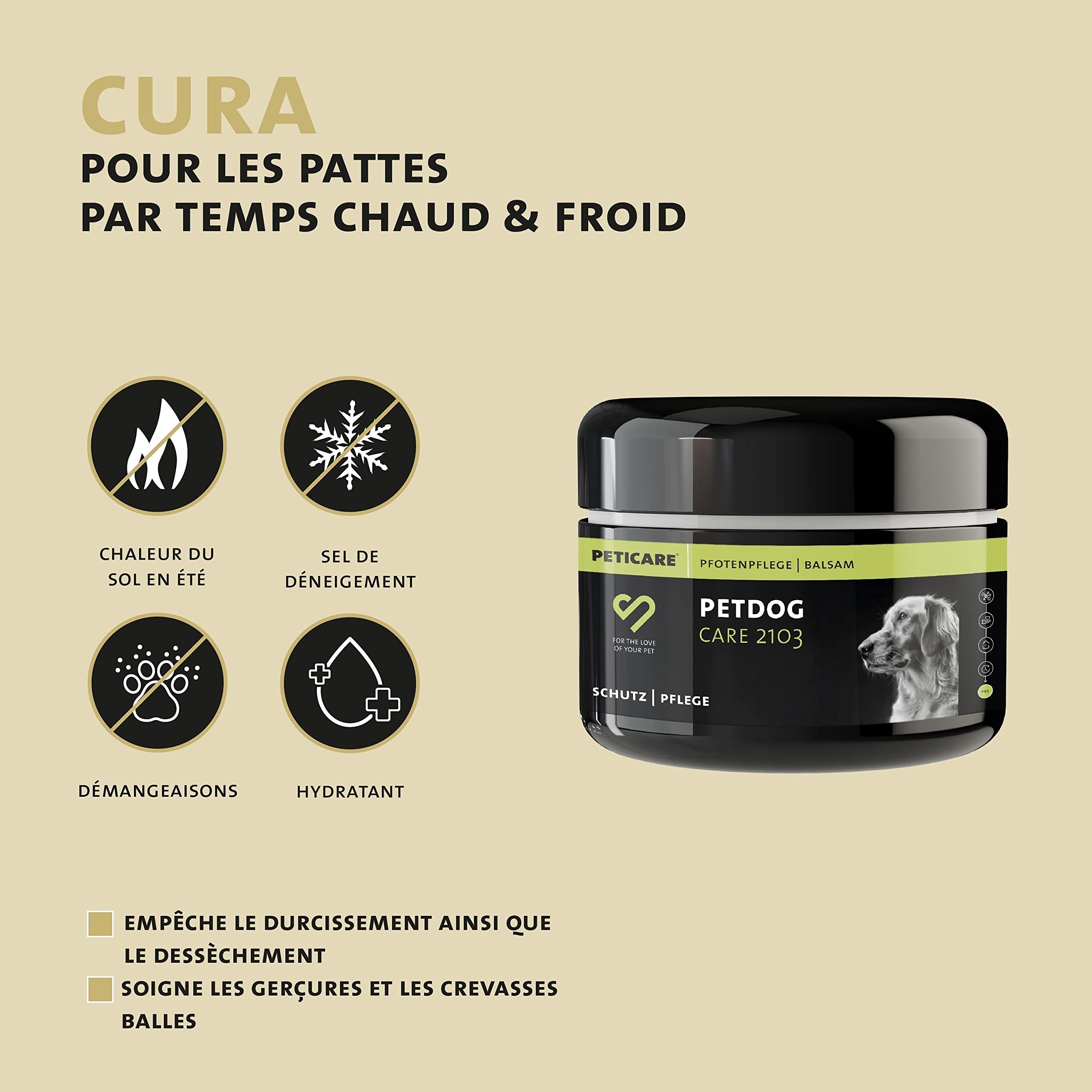Peticare Chien Baume pour Pattes - Soin de Protection en Cas d'inflammation, Protege Coussinet gerce ou Fragile, Évite durcissement, Protection Contre Sel en Hiver, Pommade Creme - petDog Care 2103