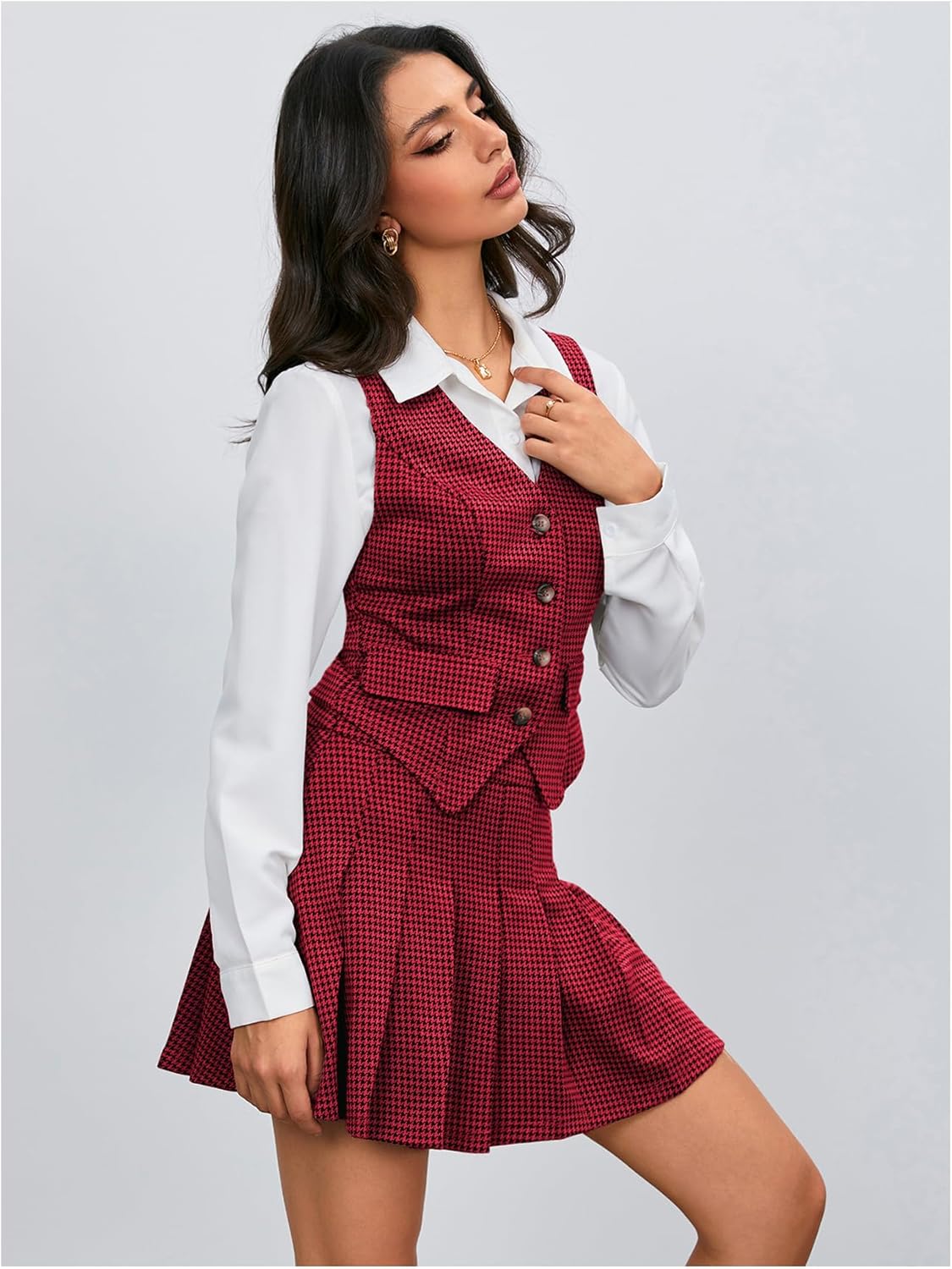 Milumia Women's Plaid Skirt Sets 2 Piece Outfits Blazer Vest Top and Pleated Mini Skirt Suit