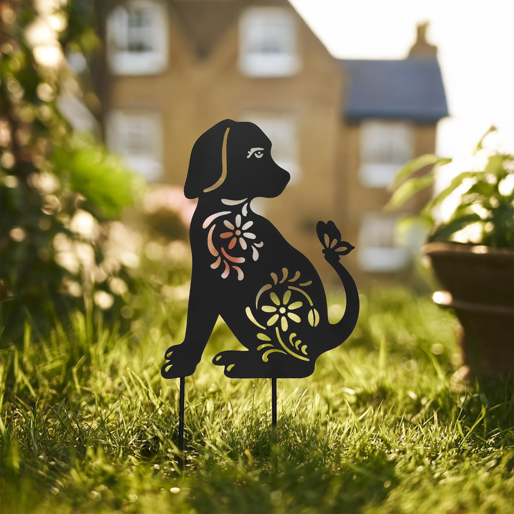 Nicoman Metal Dog and Cat Stakes Garden Decorative Silhouette with Floral Pattern, Black, 1-Piece Yard Art for Grassland and Outdoor Statues (Dog)