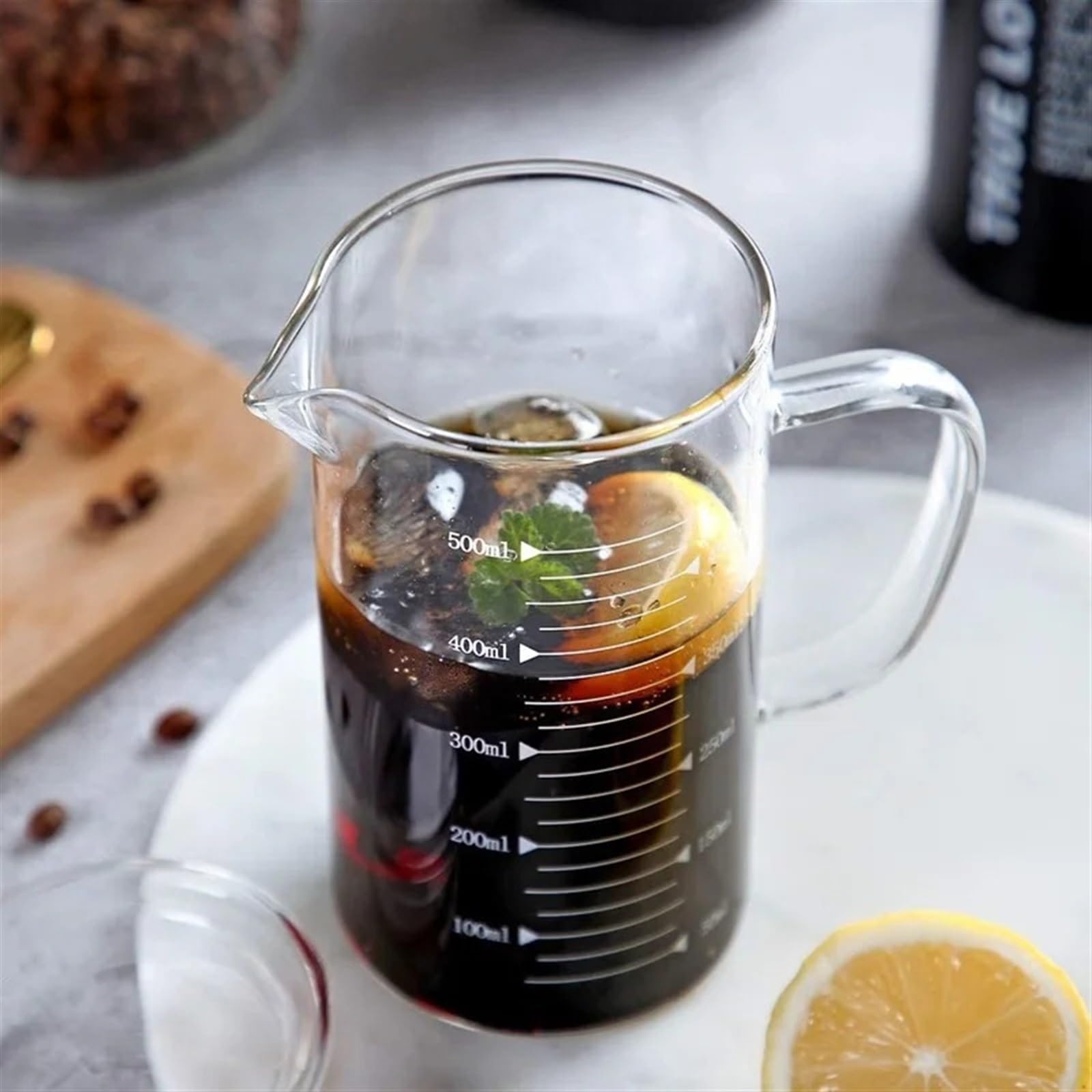 Vaso de vidrio transparente con mango y escala, vaso de vidrio de borosilicato con escala alta(1000ml)