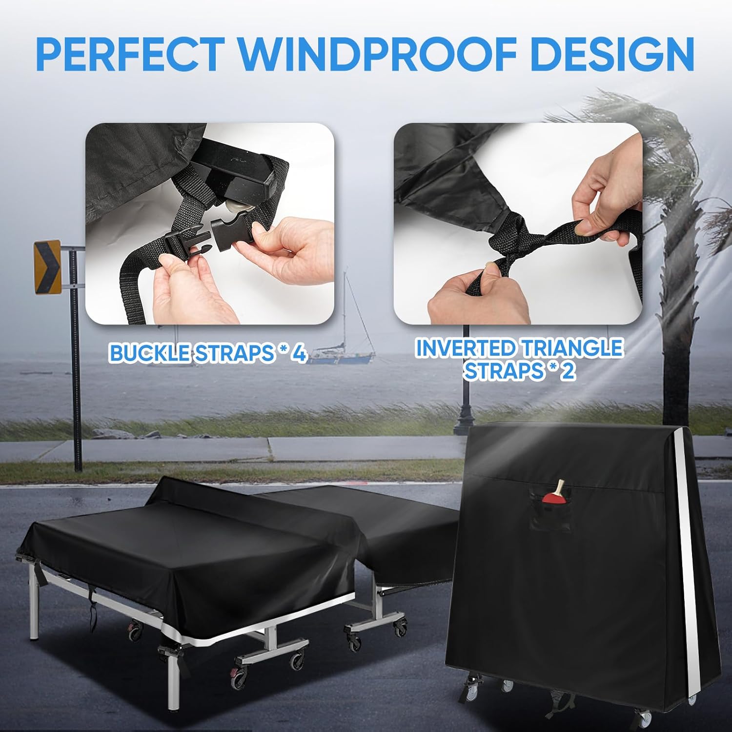 Ping Pong Table Cover Outdoor Waterproof, Table Tennis Cover Indoor & Outdoor Fits Universal 9x5 FT Tables Folding & Flat Tables with Paddles Organize Bag, 600D Oxford Fabric