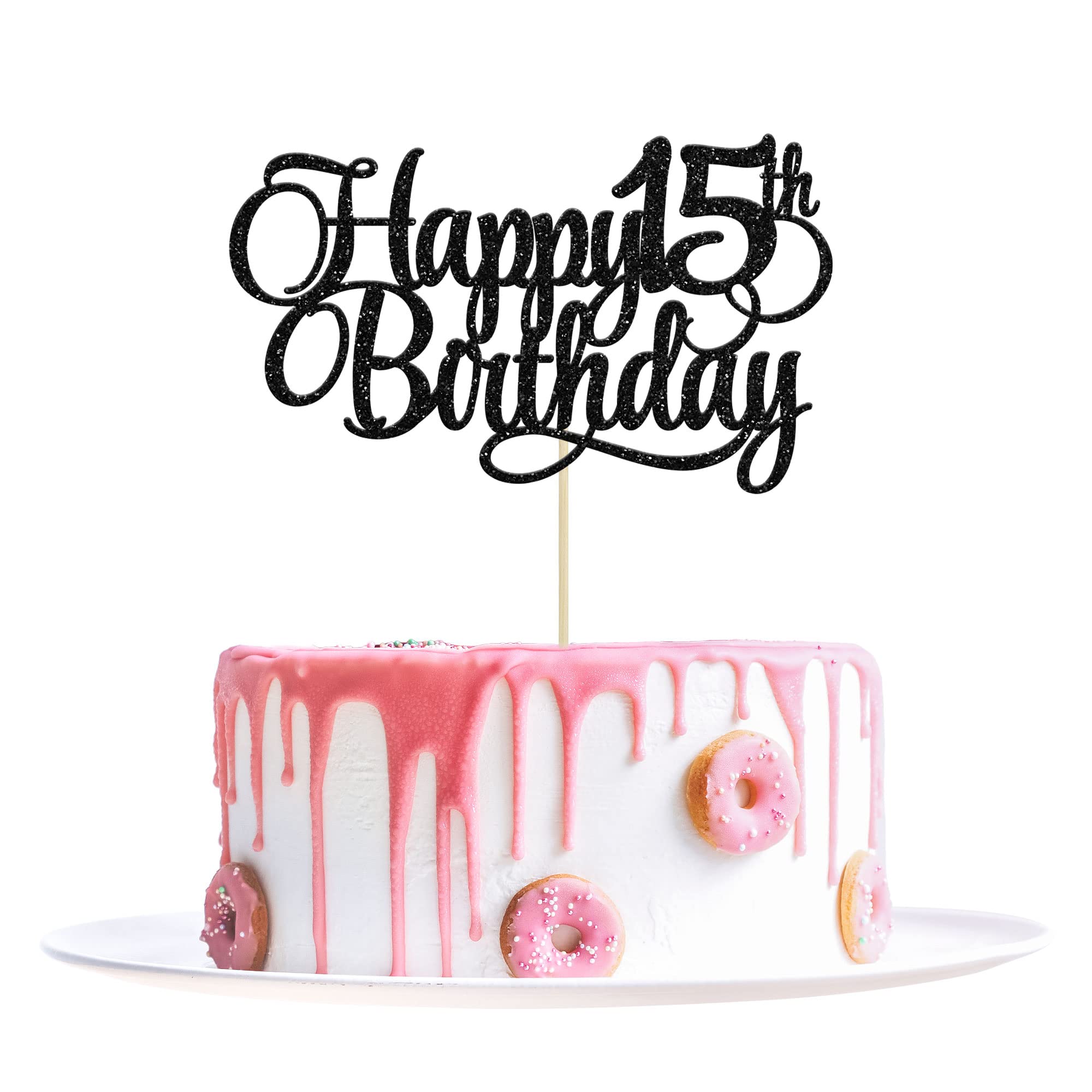 1 Pack Happy 15th Birthday Cake Topper Glitter Number 15 Fifteen Years Old Birthday Cake Pick Decoration for 15th Birthday Celebrating Anniversary Party Supplies Black