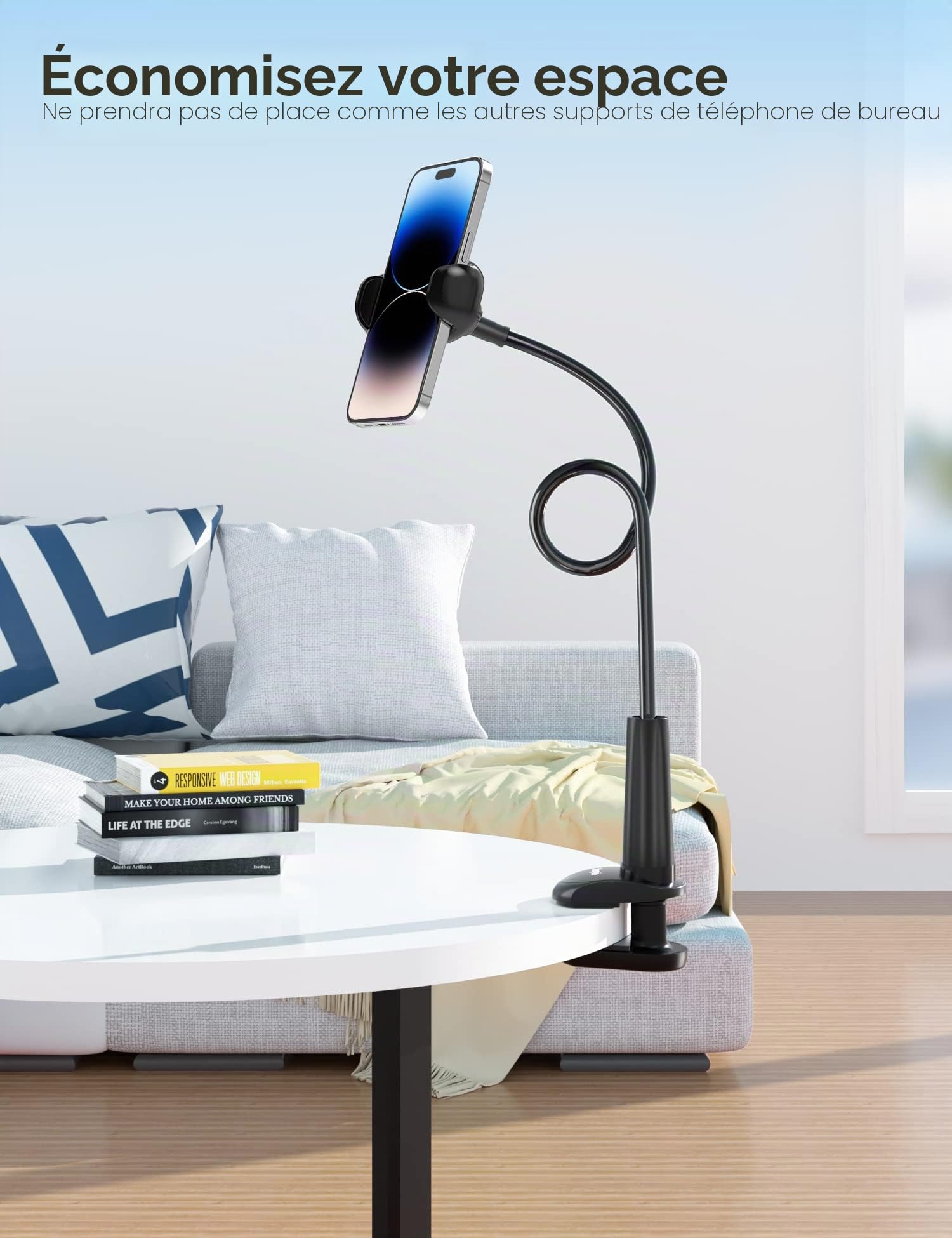 TRYONE Support téléphone avec col de Cygne de, Support de téléphone Pliable Rotation 360° Réglable pour iPhone Series/Samsung/Huawei/Google Pixel et Plus 76 cm de Longueur Totale