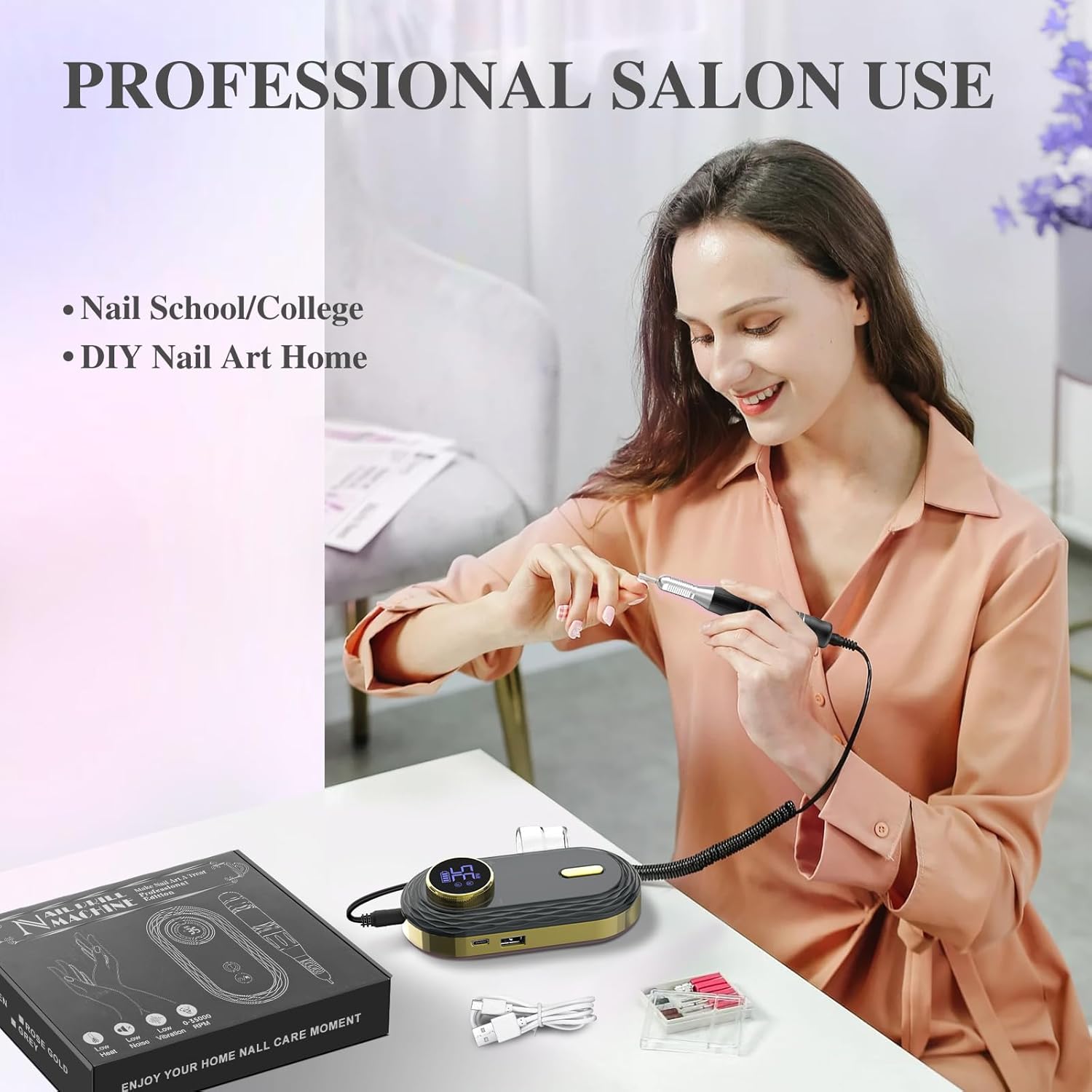 Taladro de uñas eléctrico inalámbrico  Juego de lima de uñas recargable portátil de 35000 RPM, taladro de uñas profesional con 6 brocas de uñas y