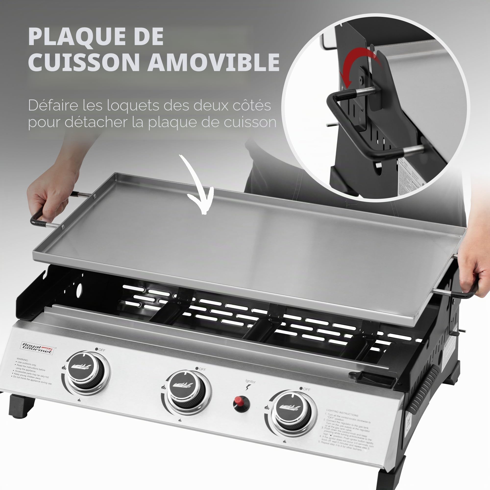 Royal Gourmet PD1303S – Plaque de cuisson à gaz portable de 61 cm avec plaque amovible pour barbecue au propane à 3 brûleurs, idéale pour la cuisine en plein air, comprend une grille chauffante et une