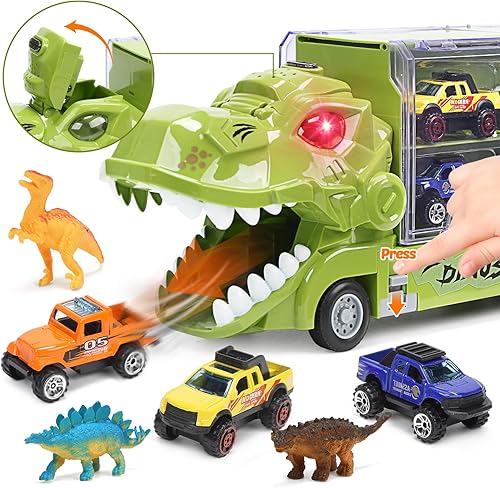 Miniatura 3 de HOLYFUN Camión de dinosaurios para niños con 6 mini dinosaurios y 6 camiones de aleación de tracción, camión transportador de dinosaurios con sonido