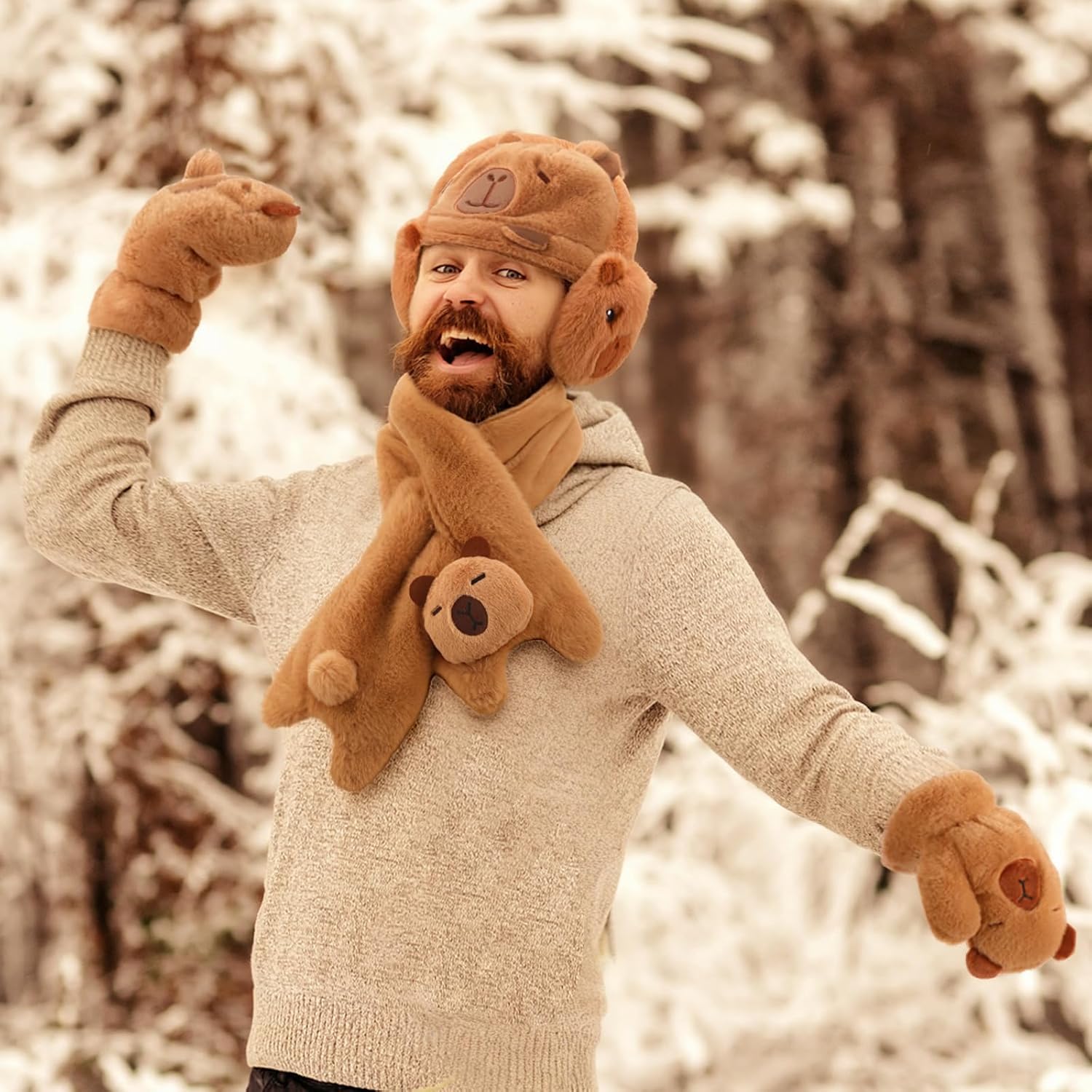 Newcotte 4 Pcs Winter Capybara Hat Earmuffs Scarf and Gloves Set Plush Capybara Winter Warm Set Comfort Cartoon Animal Costume for Women Girls Teens Gift Christmas - Image 5