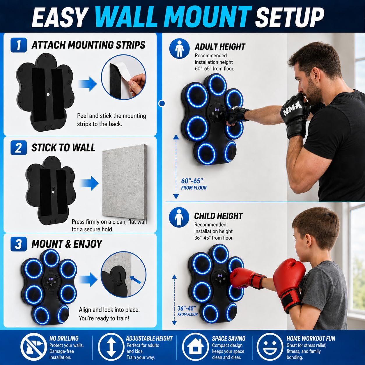 Entrenador de boxeo inteligente para montaje en pared, 7 objetivos electrónicos con gancho izquierdo+derecho, 11 modos y 9 velocidades, música Bluetooth y LED, máquina de boxeo para adultos y niños
