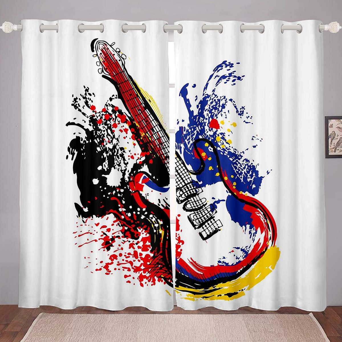 Tende per finestre a tema musica rock, per ragazzi, ragazze e bambini, con stampa di strumenti a chitarra, colorate, decorazione per la stanza, stile graffiti, 167,6 x 228,6 cm (larghezza x lunghezza)