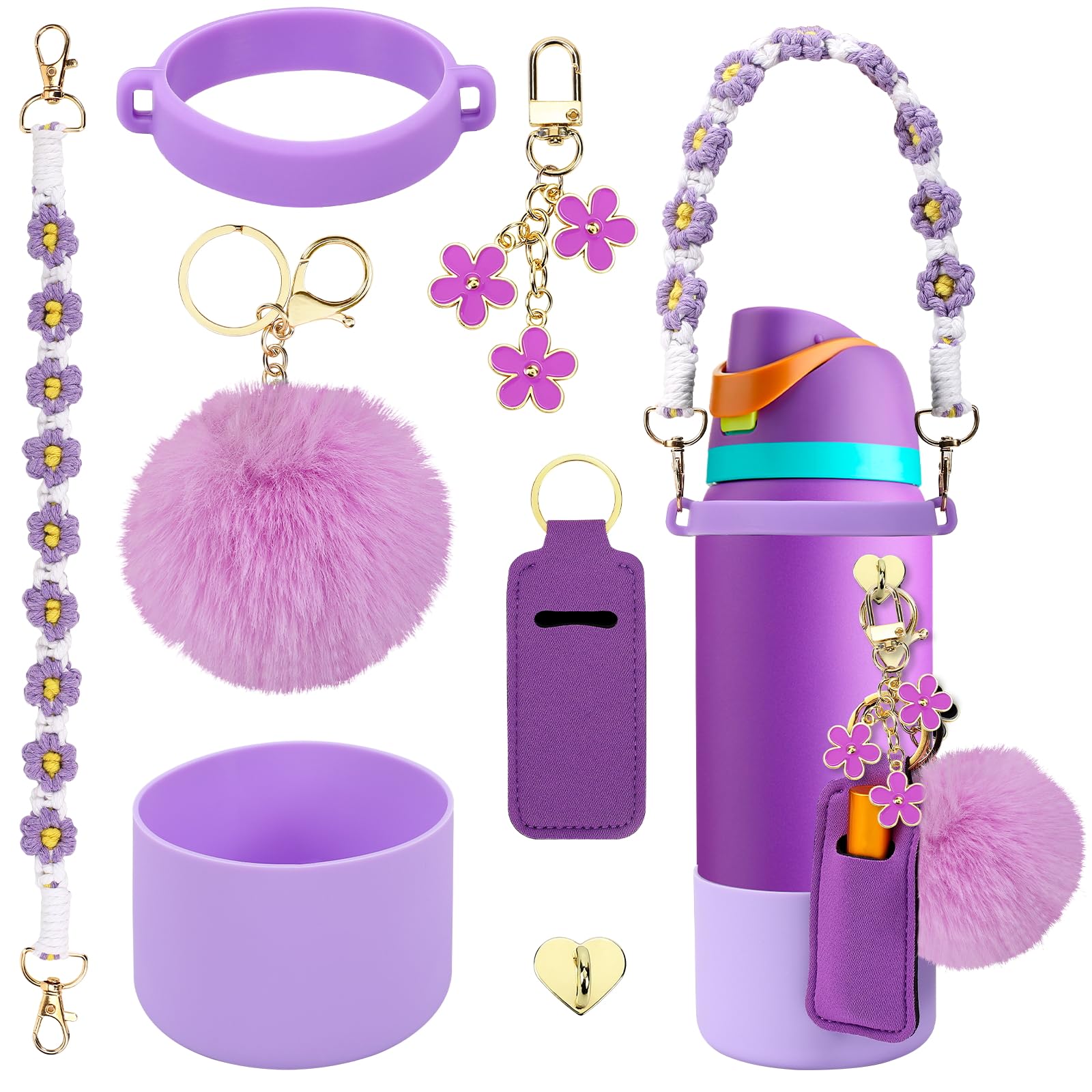 Compatible for Owala Accessories Bundle: Silicone Boot for 24oz & 32oz Bottles, Charms, Handle, Strap, Rubber Bottoms, and Decorative Add-ons for Your Compatible for Owala Water Bottle, Purple
