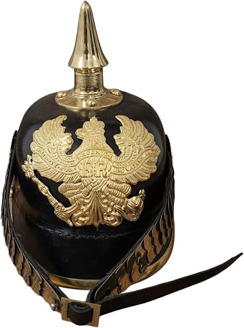Viking Oaks LLC German Pickelhaube Helmet Leather Prussian Officer Spike Helmet with Brass Round Top | WWI & WWII Replica for LARP, Reenactments, and Cosplay Black
