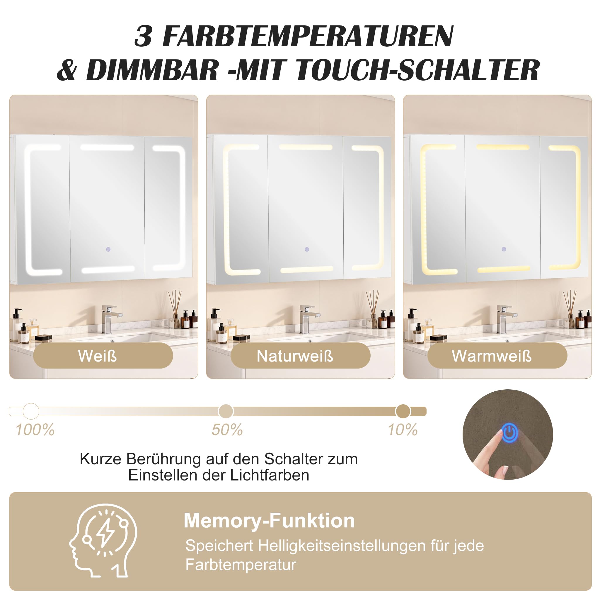 Thanaddo Spiegelschrank Bad mit LED Beleuchtung 80x60cm, Badezimmerschrank mit 6 Regal 3 Tür, Badschrank mit LED Badspiegel, 3 Farben Dimmbar