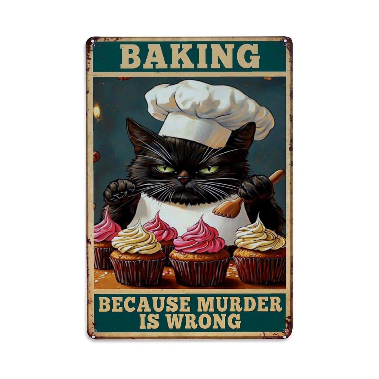 Bliveurn Vintage Baking Cat With Cupcakes Humor Retro Metal Tin Sign, Metal Poster For Home, Gaming Room, Studio Workshop,Bar,Garage Wall Art Decor 8X12 Inch
