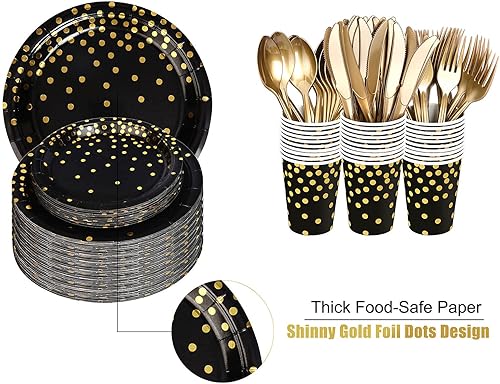 Miniatura 3 de Gexolenu Plato de papel negro y dorado 50 juegos suministros desechables de fiesta con puntos de lámina dorada incluyendo platos de papel