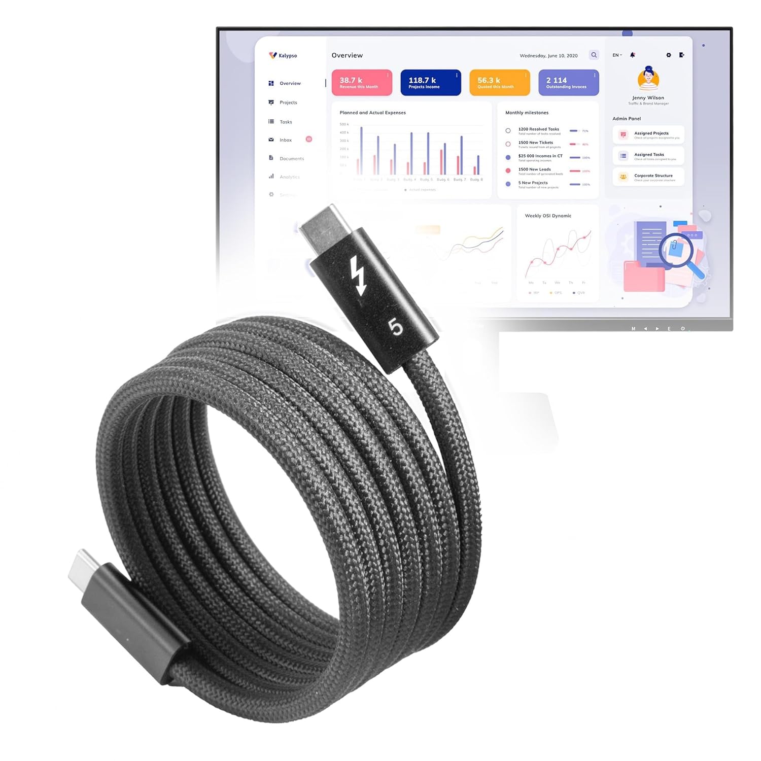 BoxWave Cable Compatible with FYHXele Touchscreen Monitor (27in) - SnapWrap Thunderbolt 5.0 Cable (5ft 240W), Magnetic Self-Coiling Nylon Braided Retractable - Jet Black